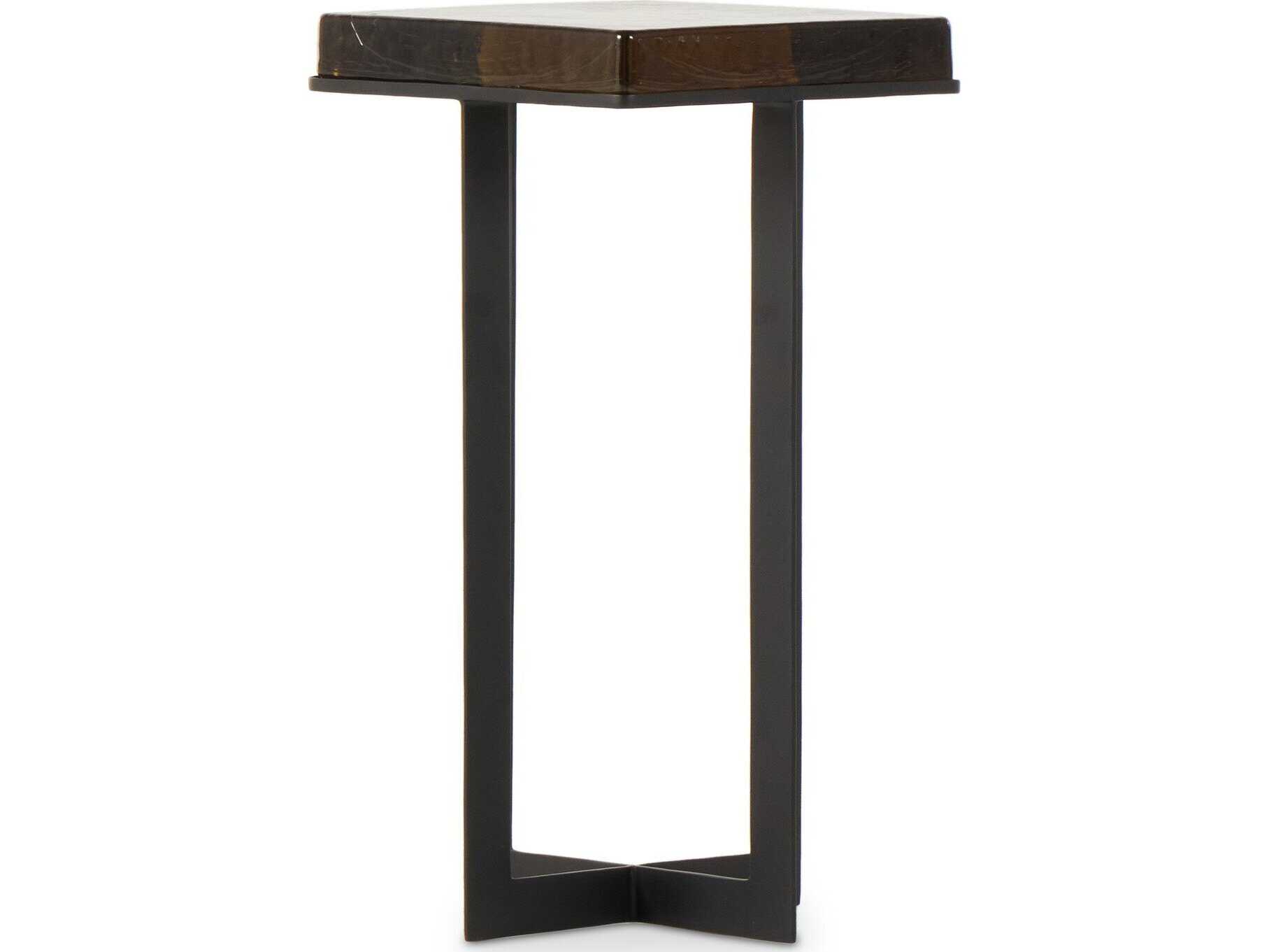 Four Hands Marlow Giselle Square Iron Matte Black Amber Cast Glass End Table
