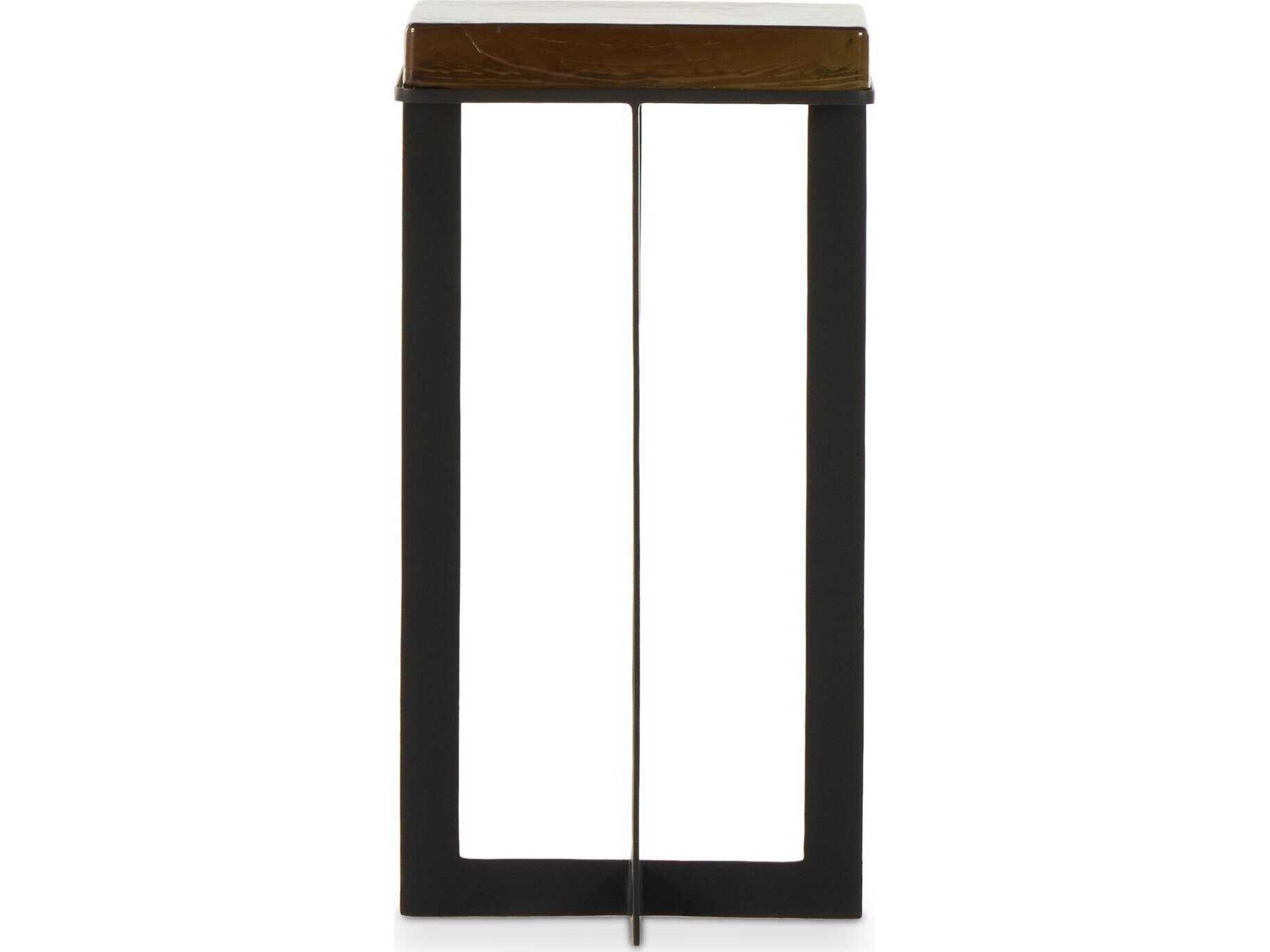 Four Hands Marlow Giselle Square Iron Matte Black Amber Cast Glass End Table