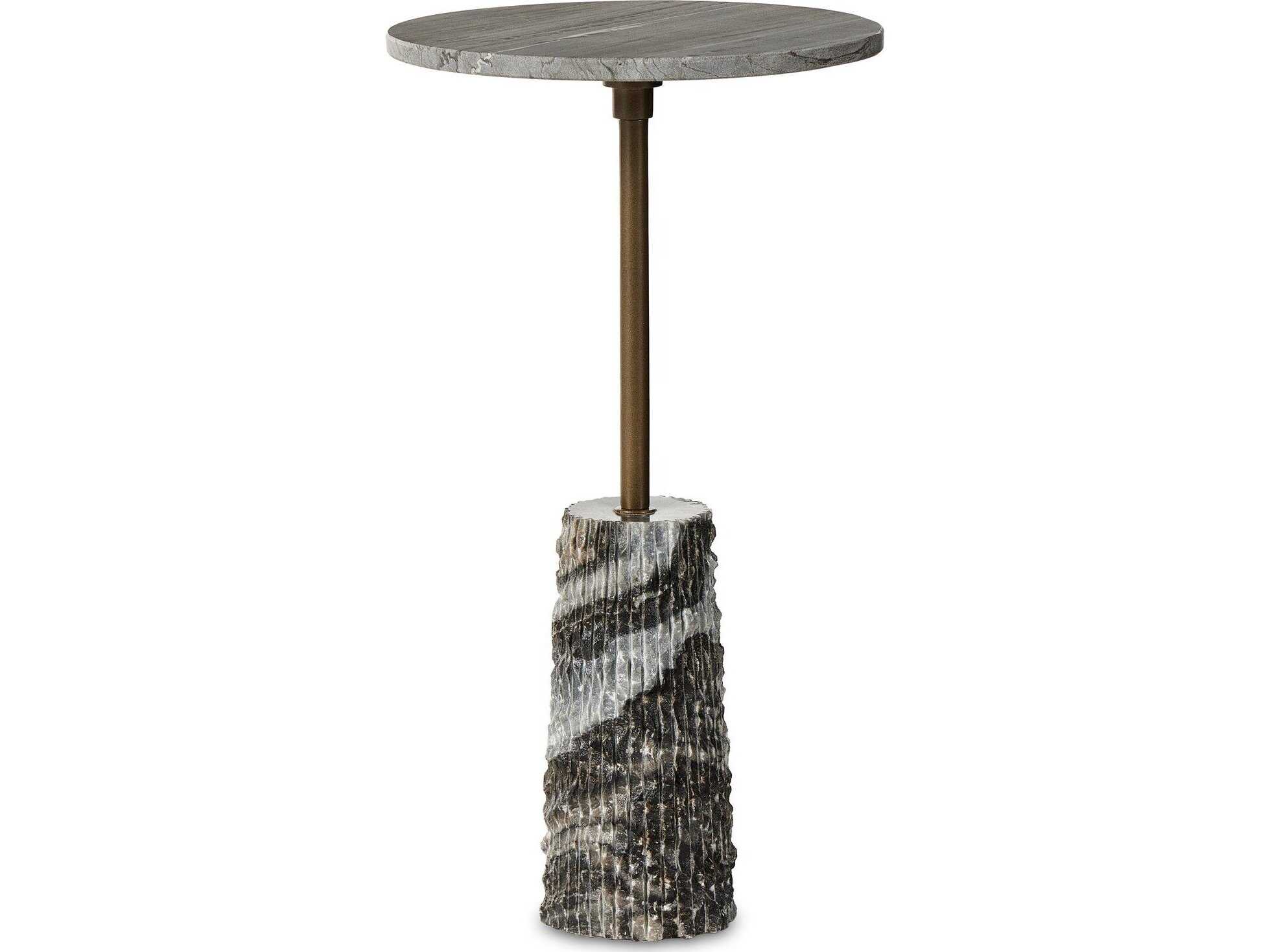 Four Hands Marlow Raven Round Ribbed Ebony Marble Antique Brass End Table