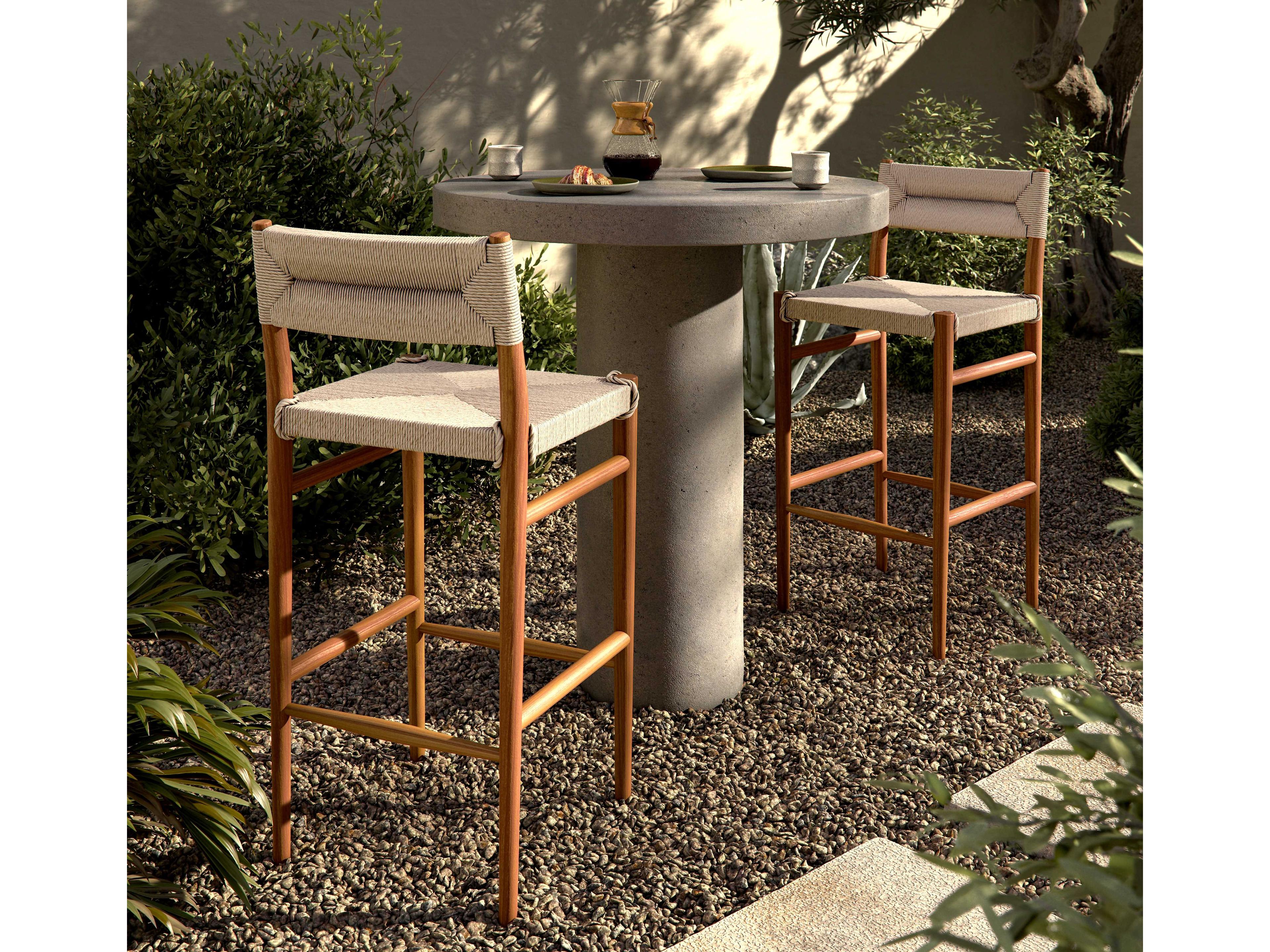 Four Hands Grass Roots Lomas Teak Wood Natural Vintage White Bar Stool