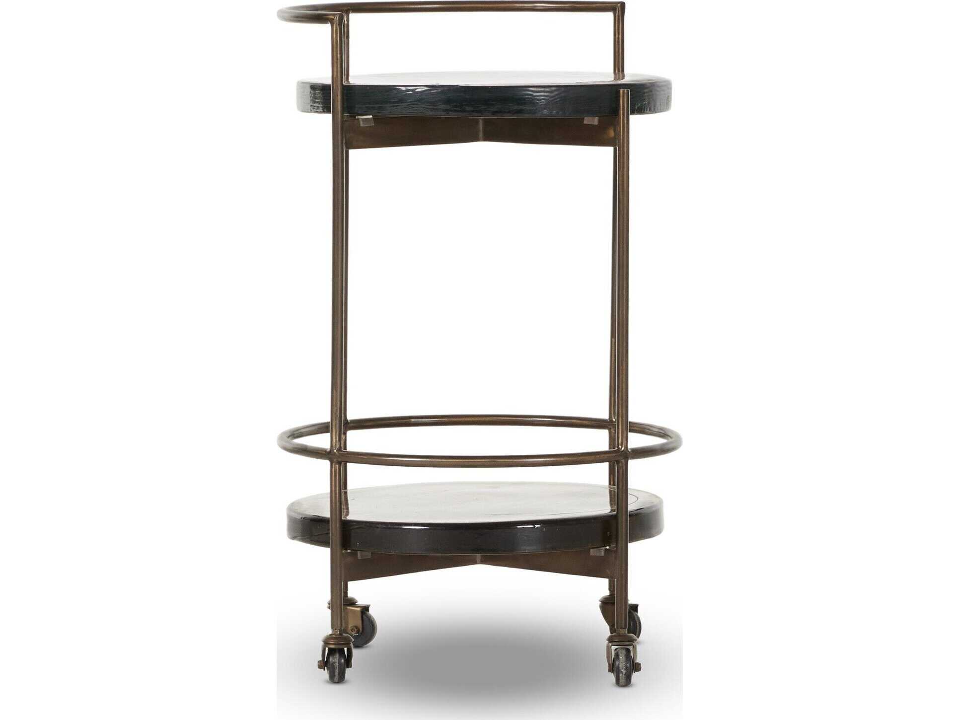 Four Hands Marlow Dark Brass Smoked Brown Cast Glass Bar Cart