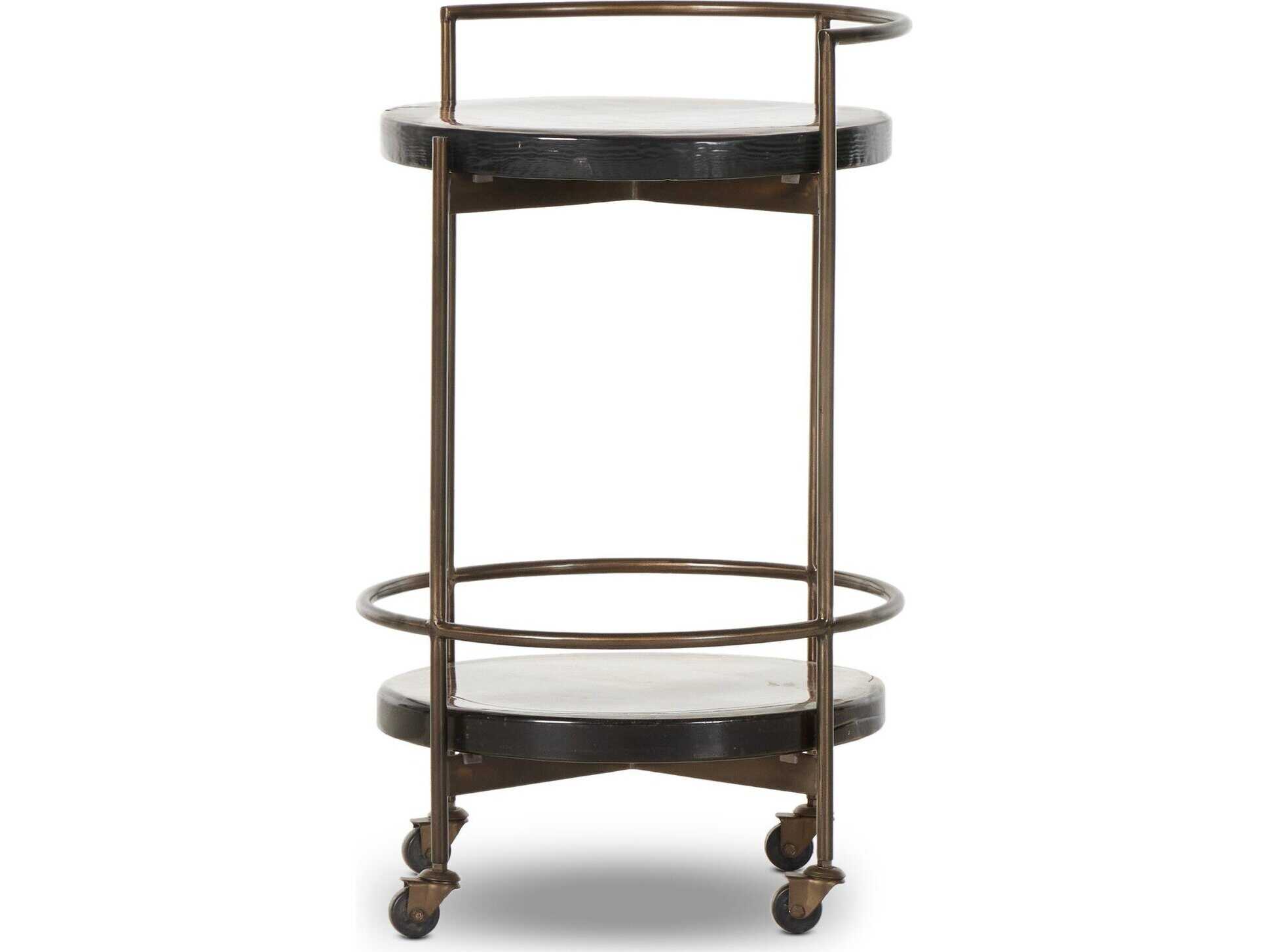 Four Hands Marlow Dark Brass Smoked Brown Cast Glass Bar Cart