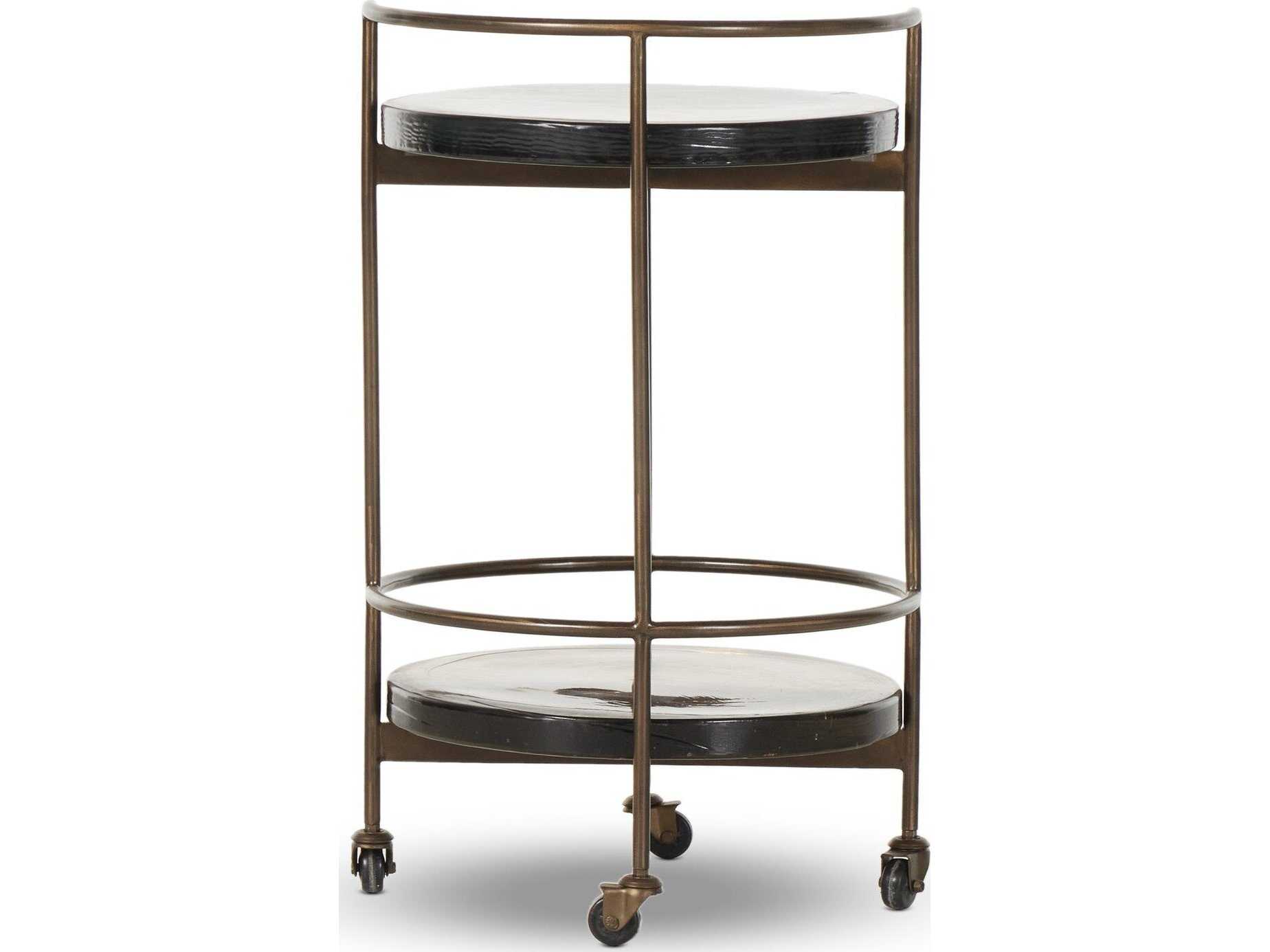 Four Hands Marlow Dark Brass Smoked Brown Cast Glass Bar Cart