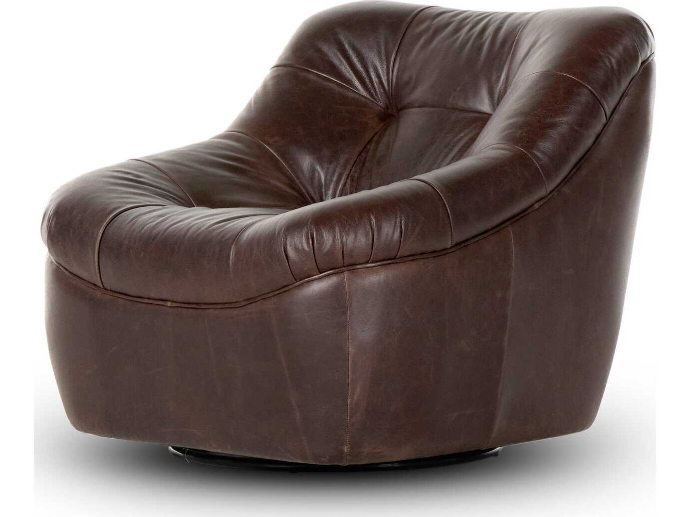 Four Hands Kensington Farley Swivel Brown Leather Club Chair