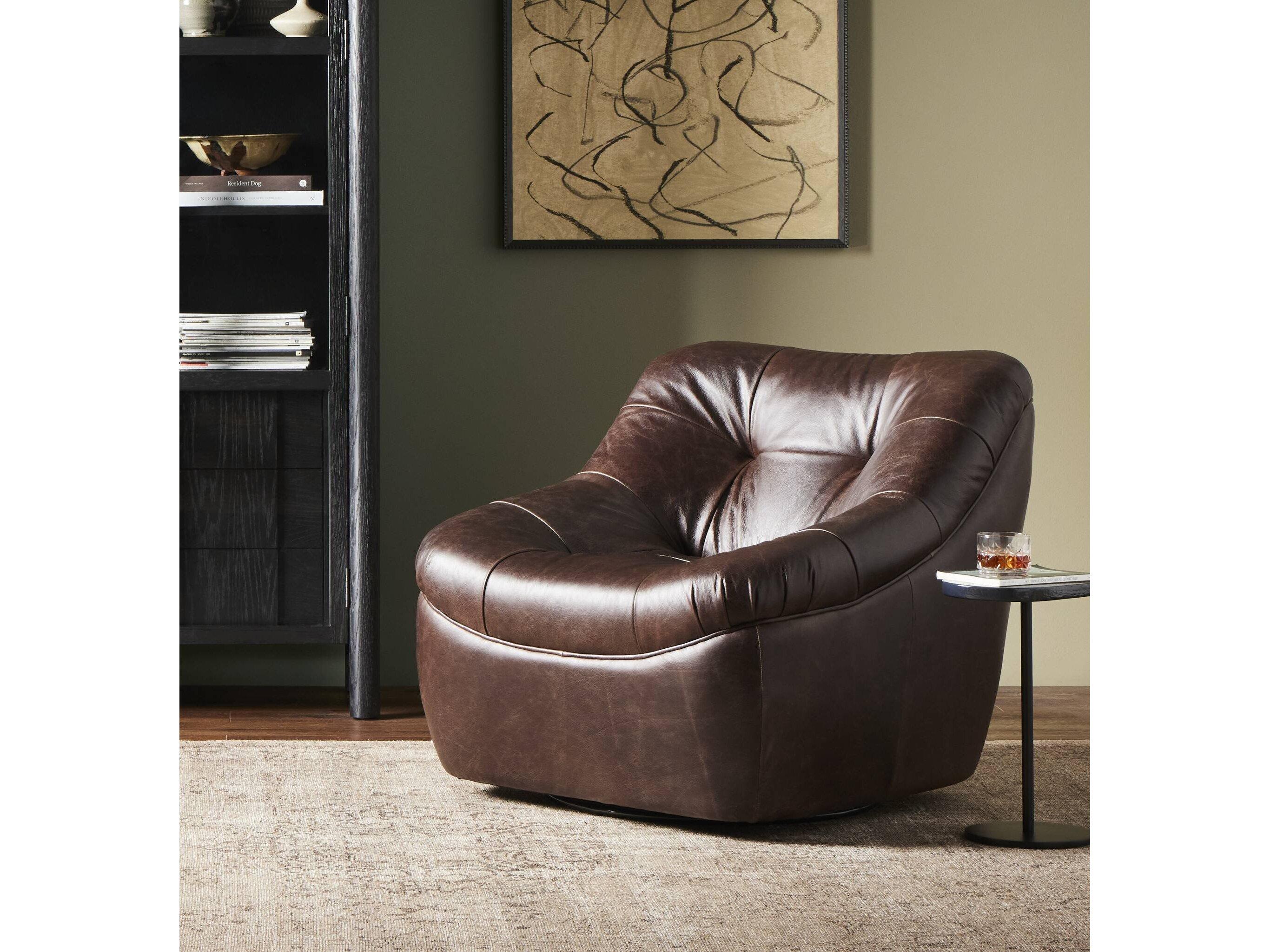 Four Hands Kensington Farley Swivel Brown Leather Club Chair