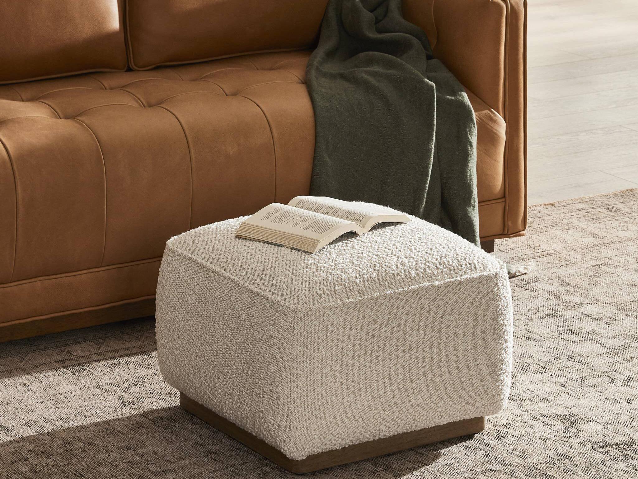Four Hands Westgate Knoll Natural Distressed White Upholstered Ottoman