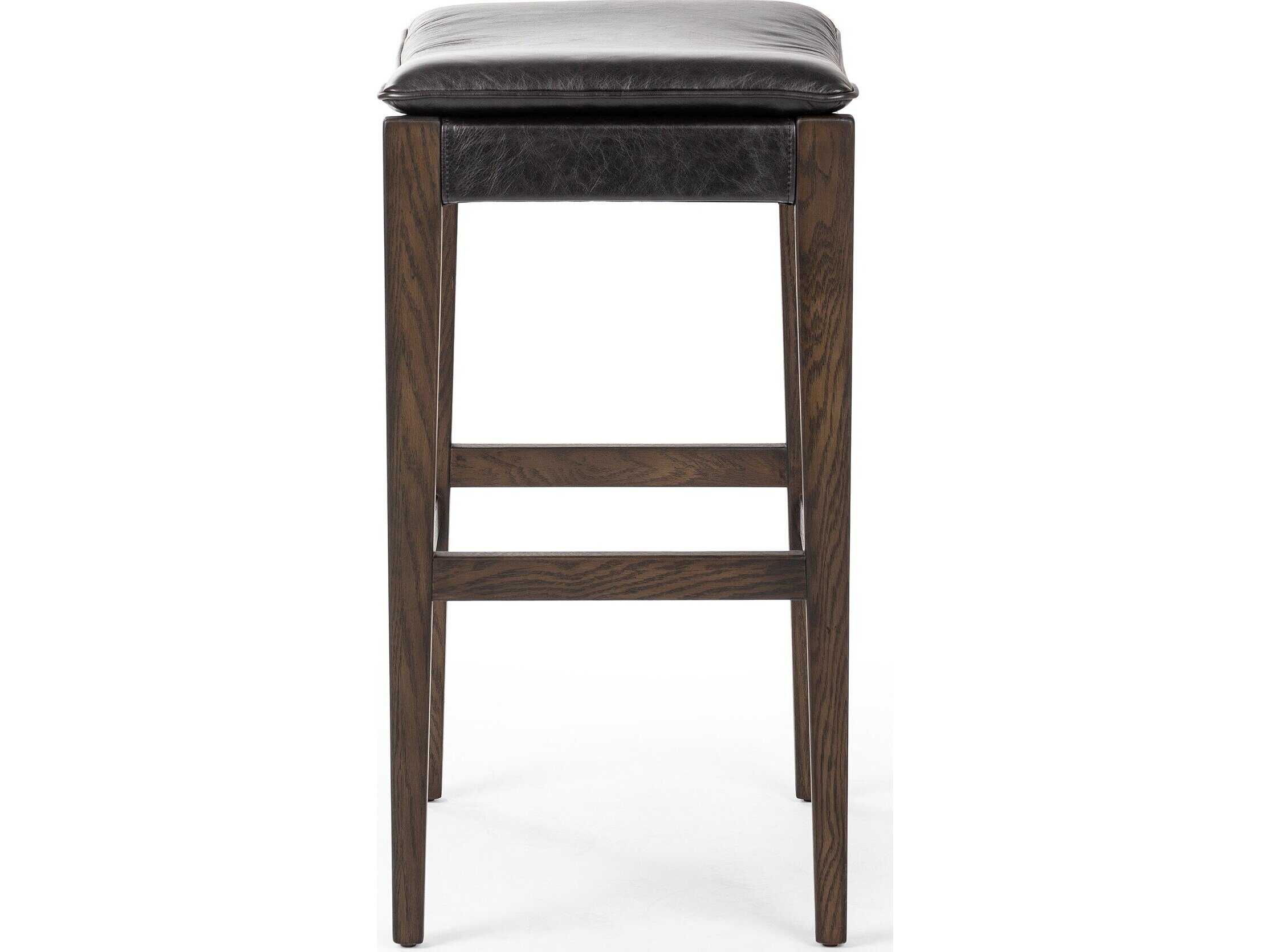 Four Hands Ashford Aya Sonoma Black Leather Oak Wood Bar Stool