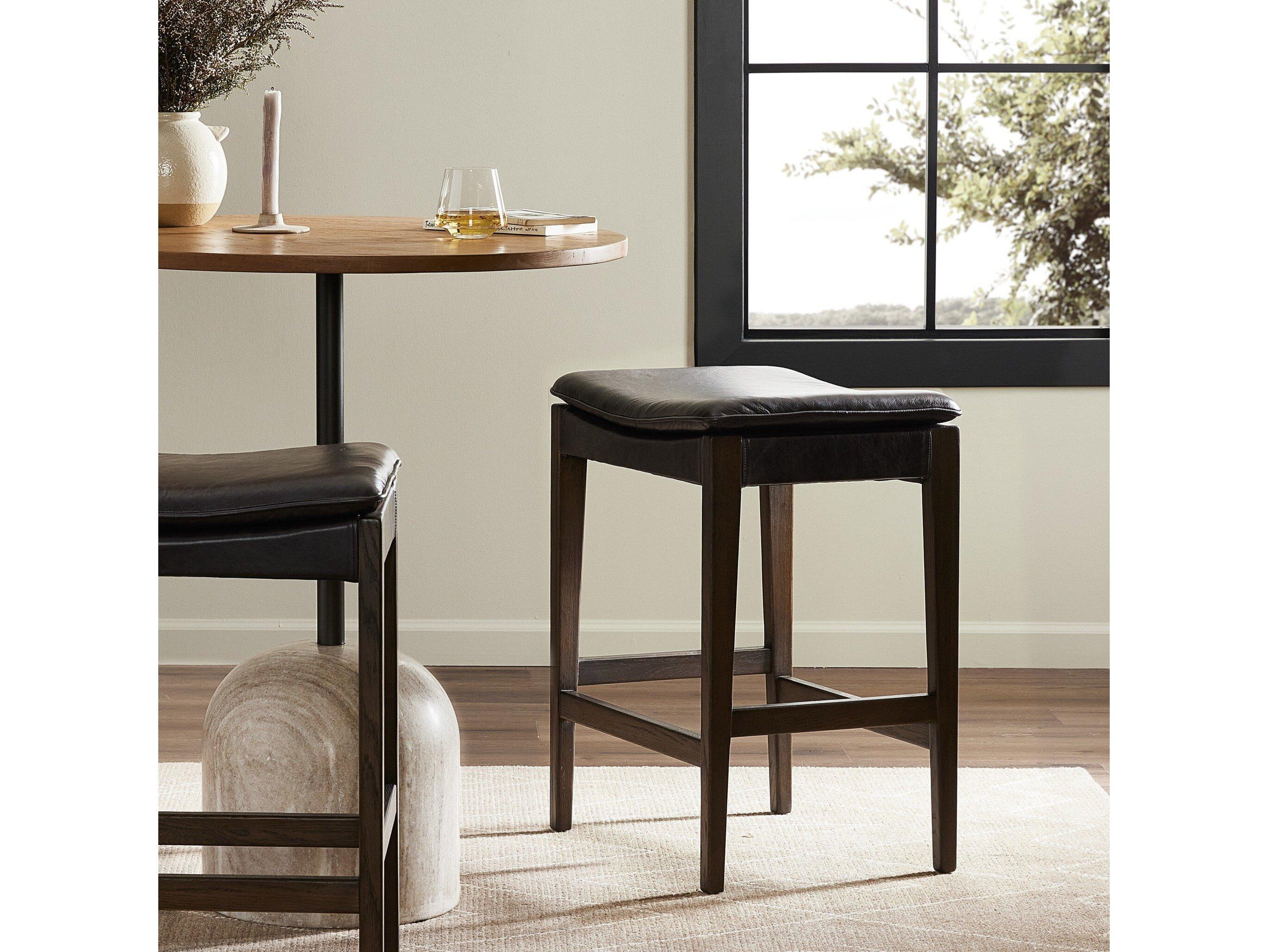 Four Hands Ashford Aya Sonoma Black Leather Oak Wood Bar Stool