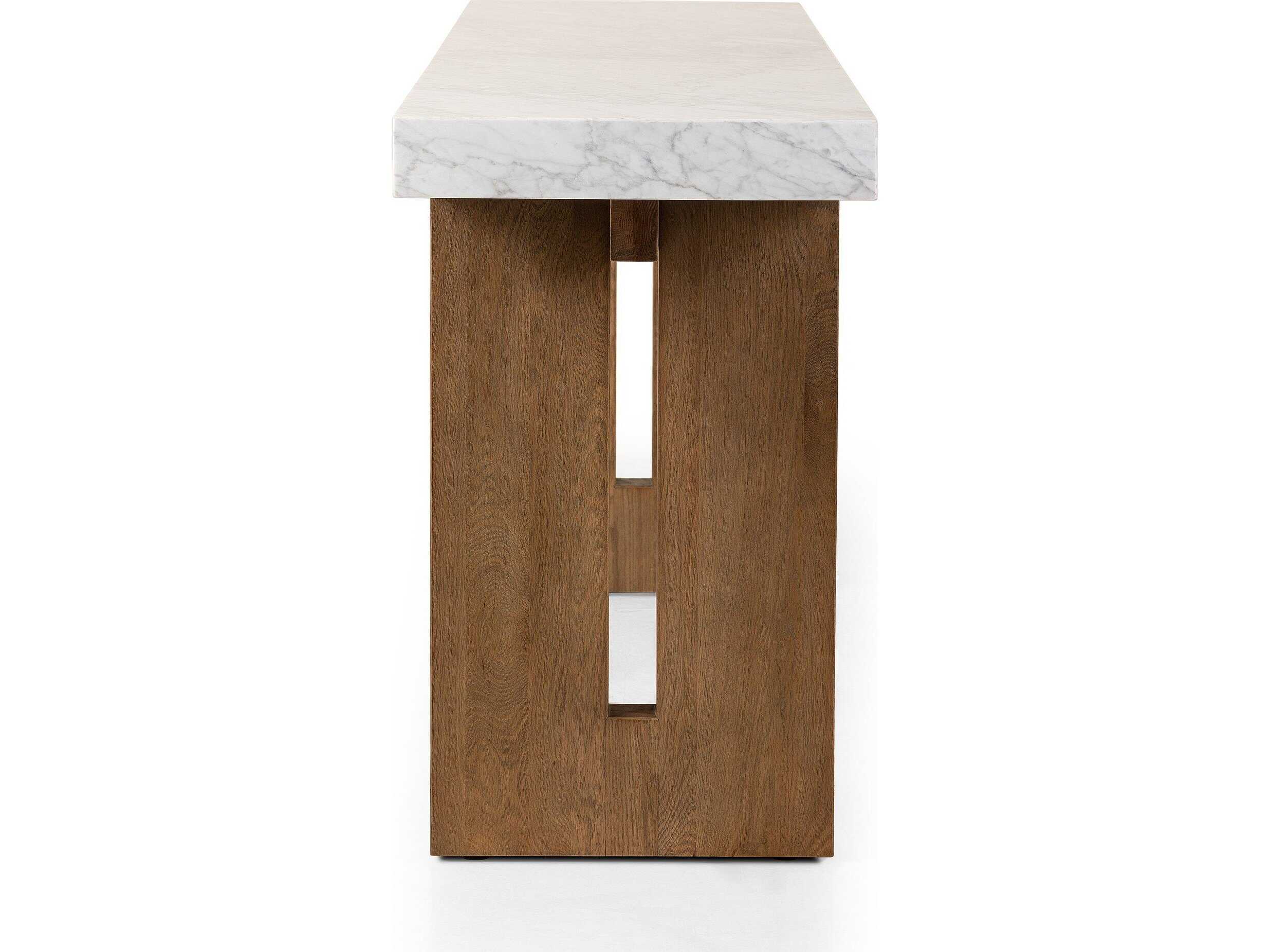 Four Hands Hughes Rectangular White Carrera Marble Smoked Oak Veneer Console Table