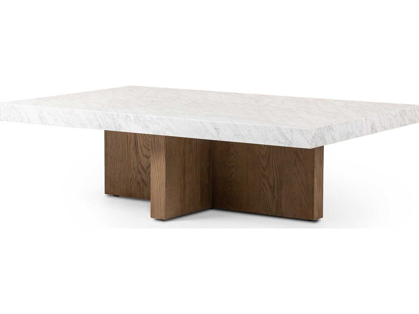 Four Hands Hughes Rectangular White Carrera Marble Smoked Oak Veneer Coffee Table