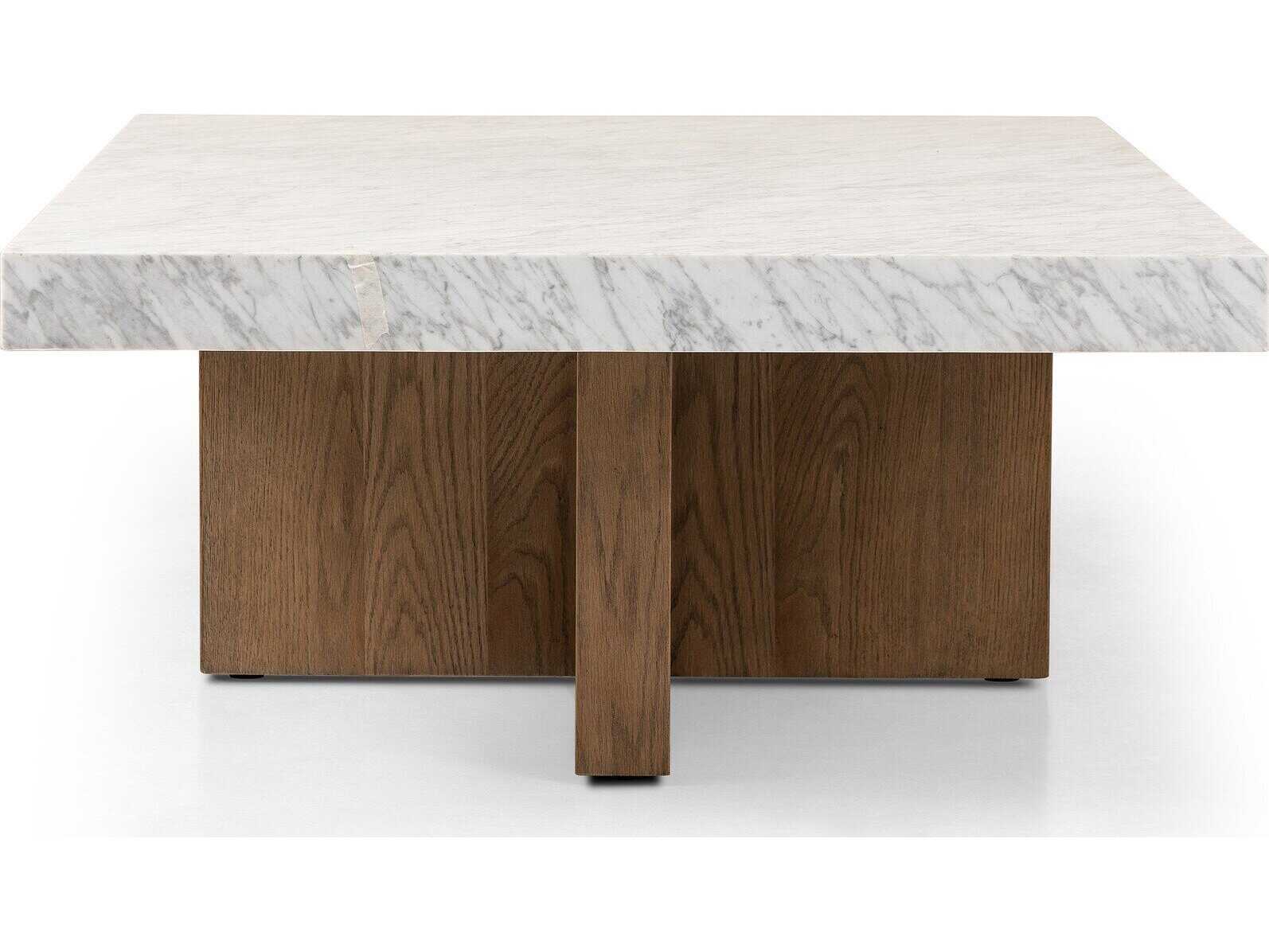 Four Hands Hughes Rectangular White Carrera Marble Smoked Oak Veneer Coffee Table