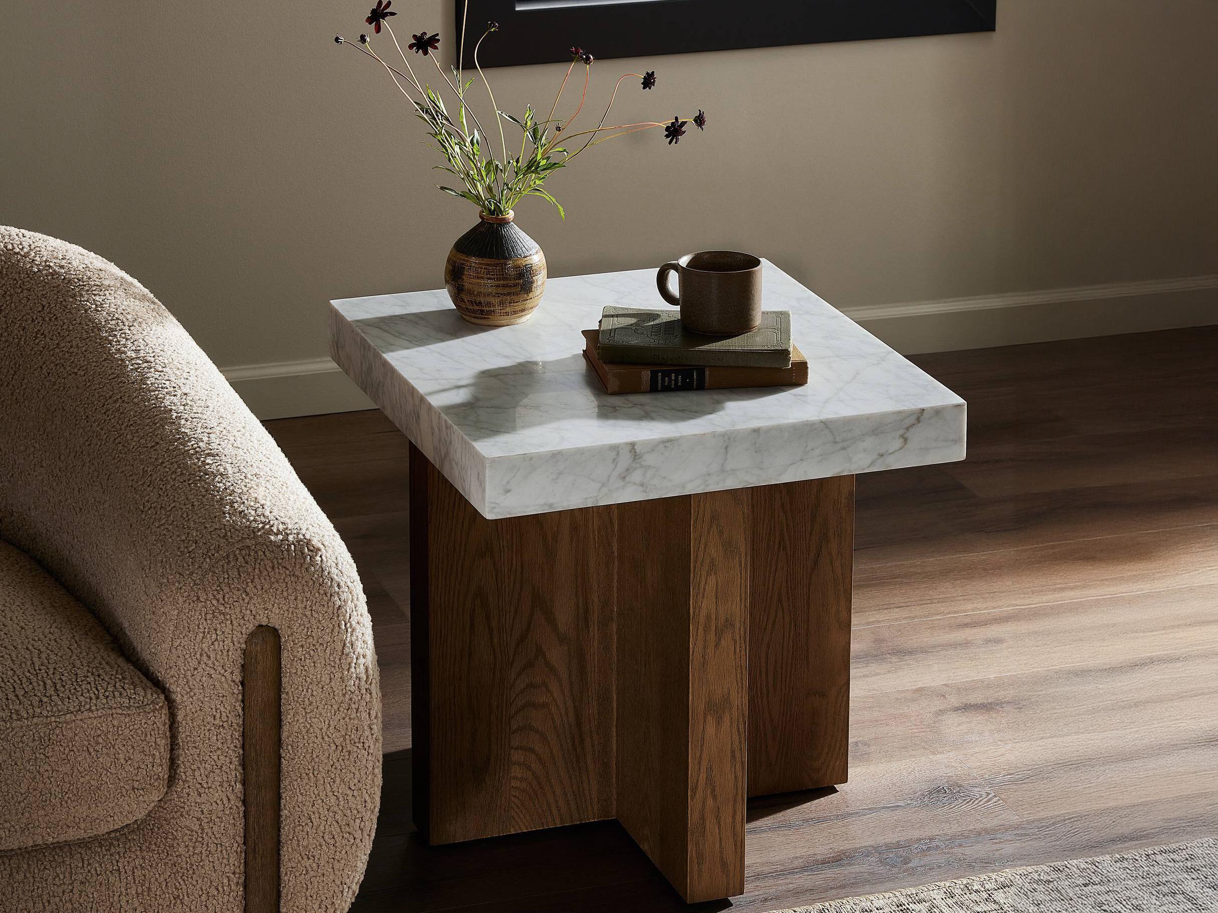 Four Hands Hughes Square White Carrera Marble Smoked Oak Veneer End Table