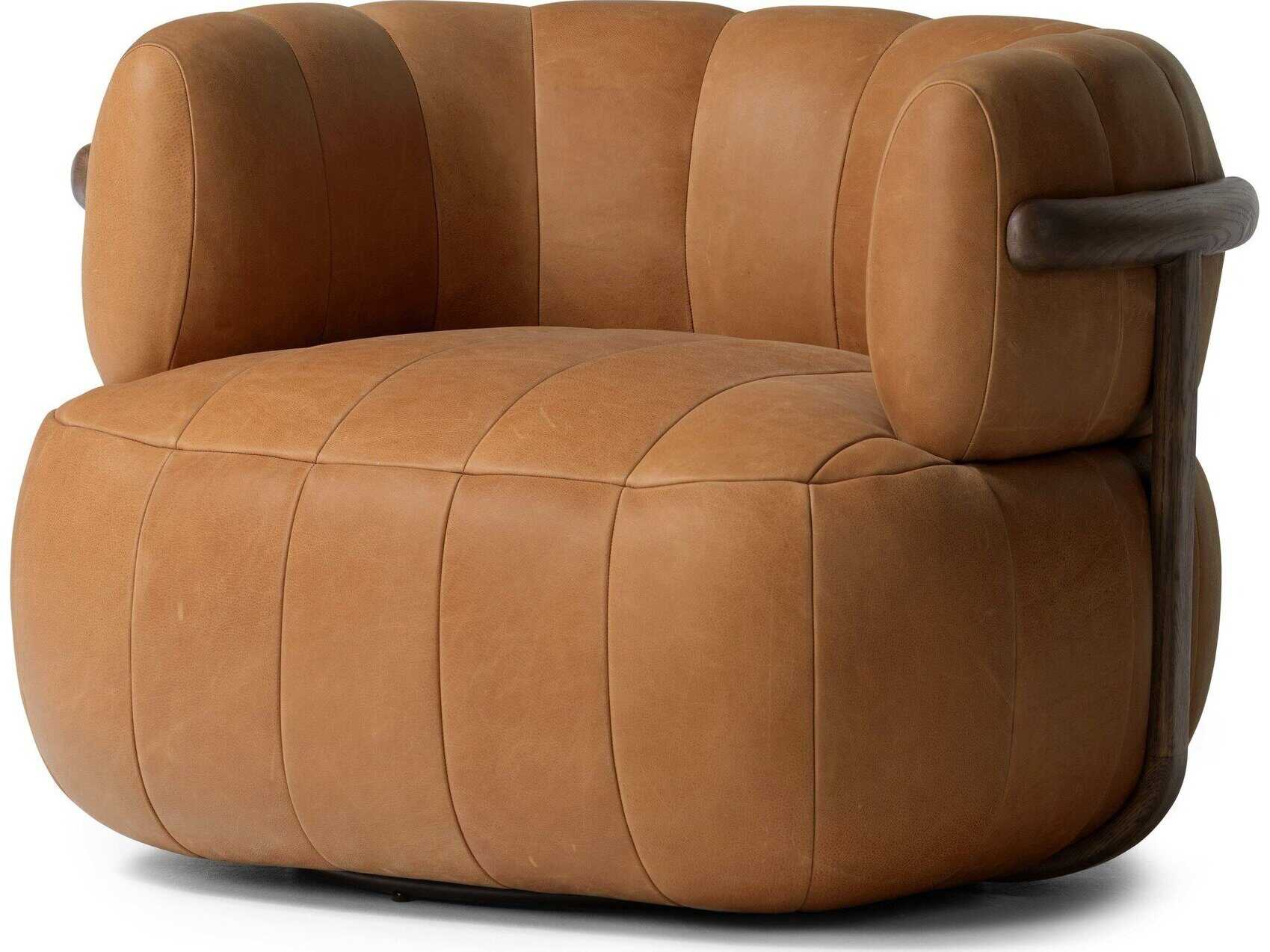 Four Hands Farrow Swivel Brown Leather Accent Chair
