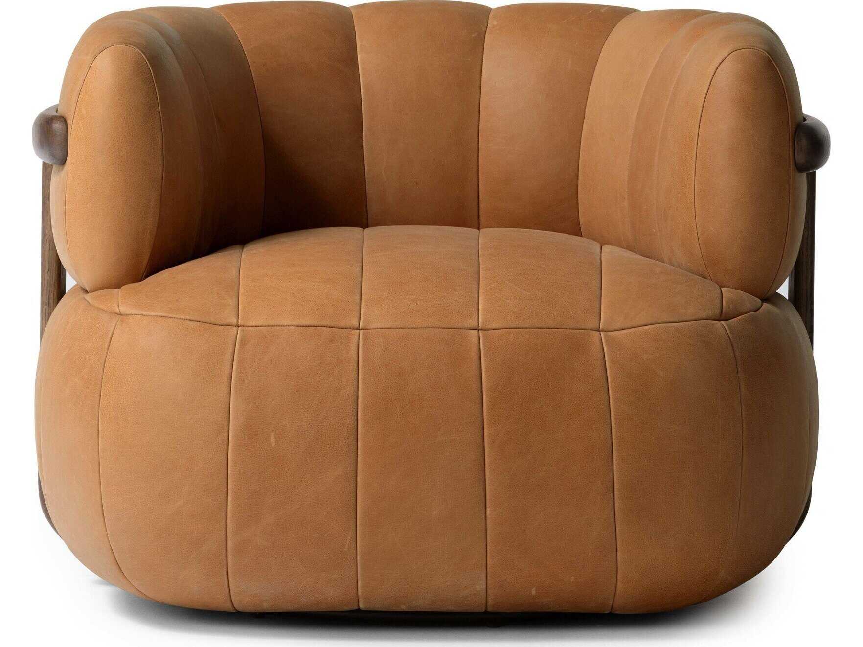 Four Hands Farrow Swivel Brown Leather Accent Chair