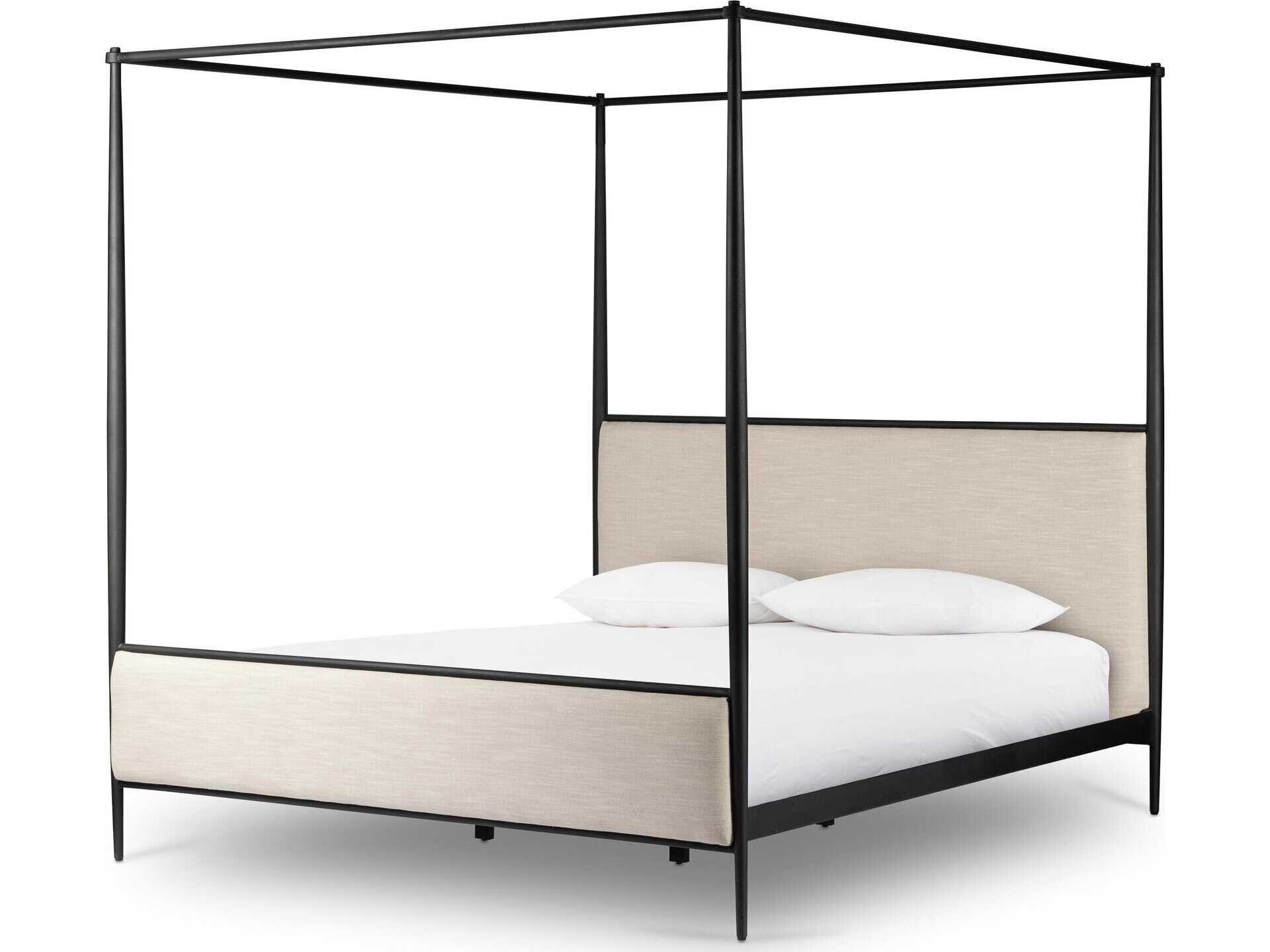 Four Hands Westgate Savoy Parchment Textured Black Iron Beige Queen Canopy Bed