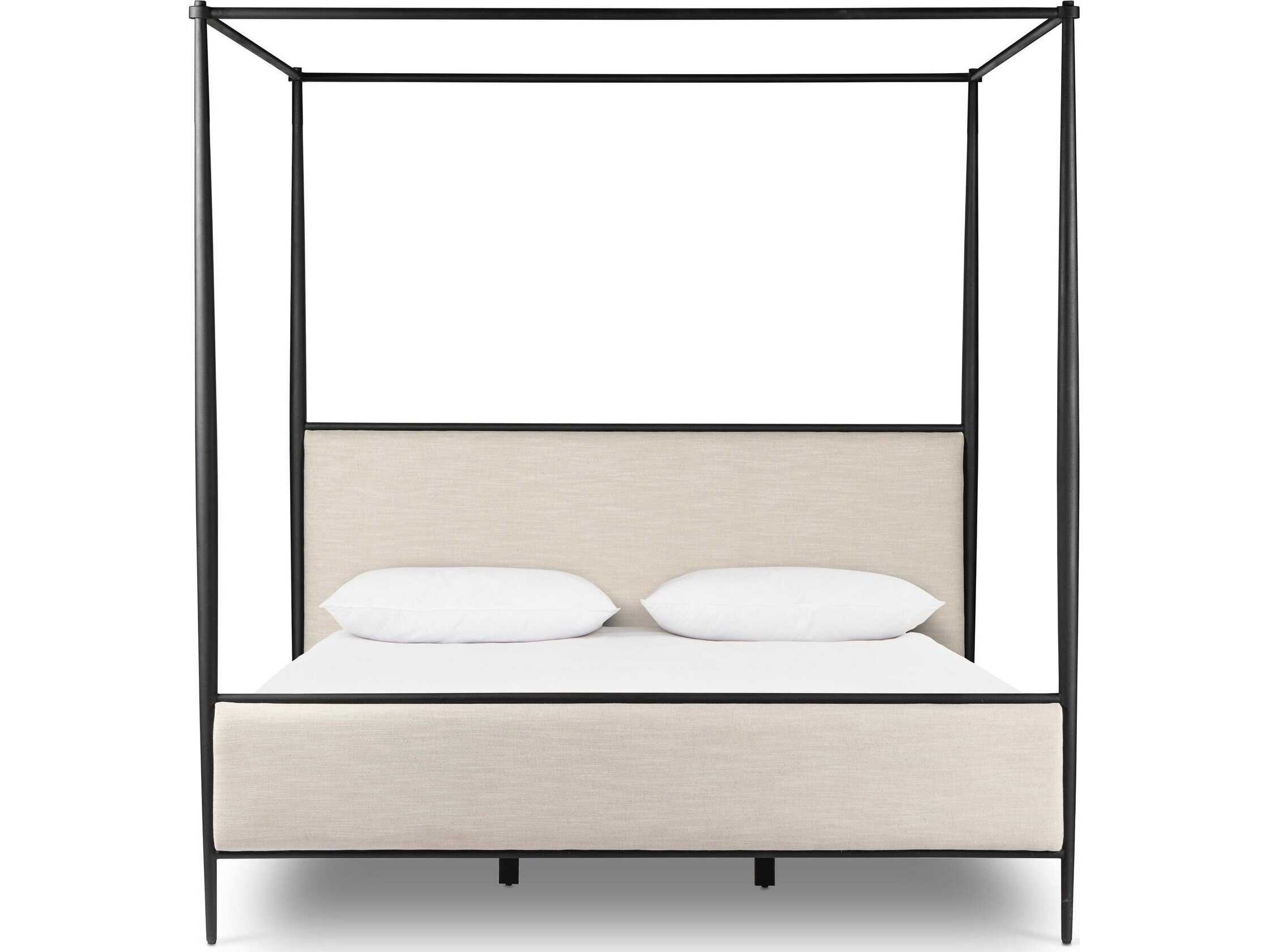 Four Hands Westgate Savoy Parchment Textured Black Iron Beige Queen Canopy Bed