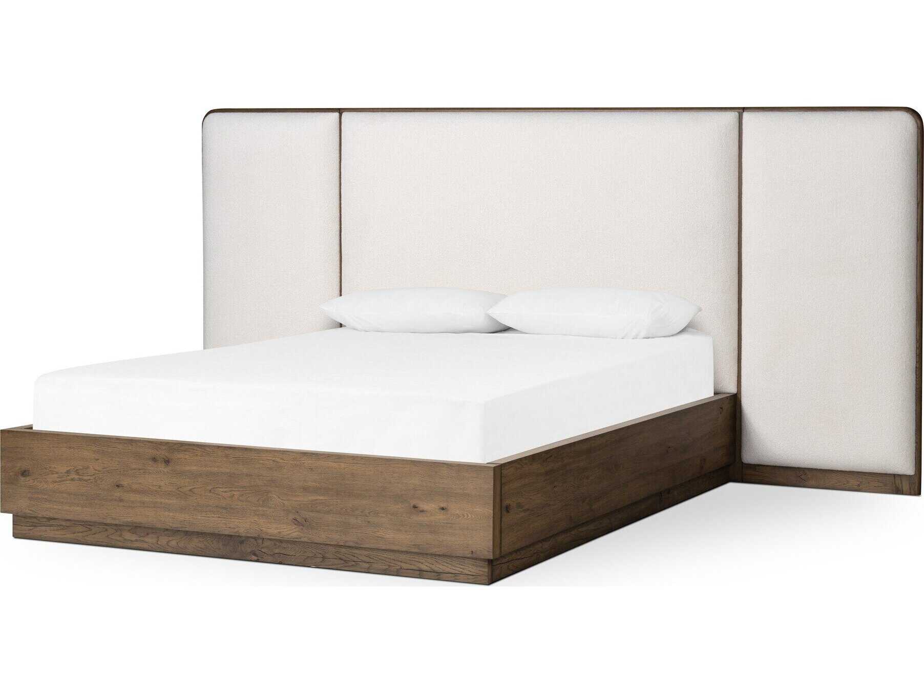 Four Hands Bolton White Oak Wood Upholstered Queen Platform Bed
