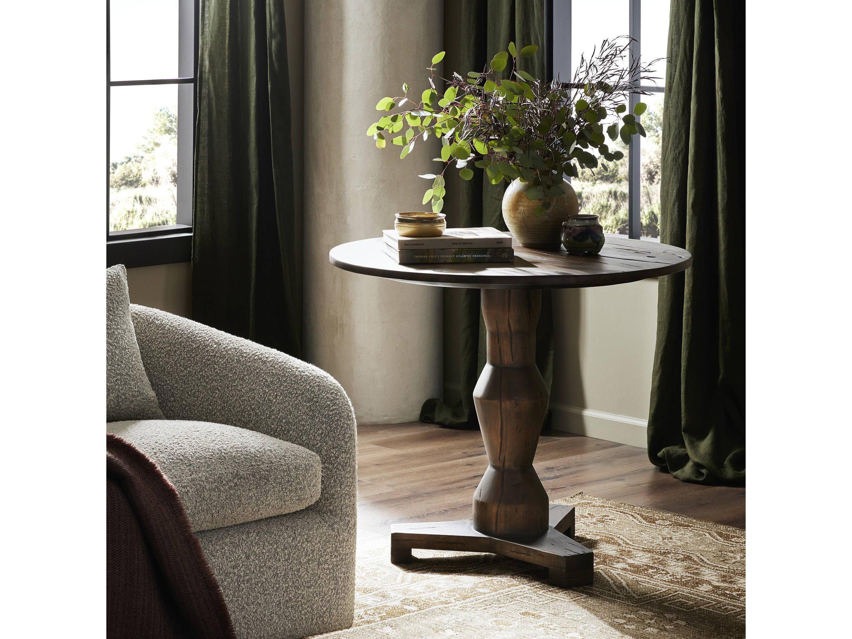 Four Hands Theory Round Wood Antique Belgium Bleach End Table