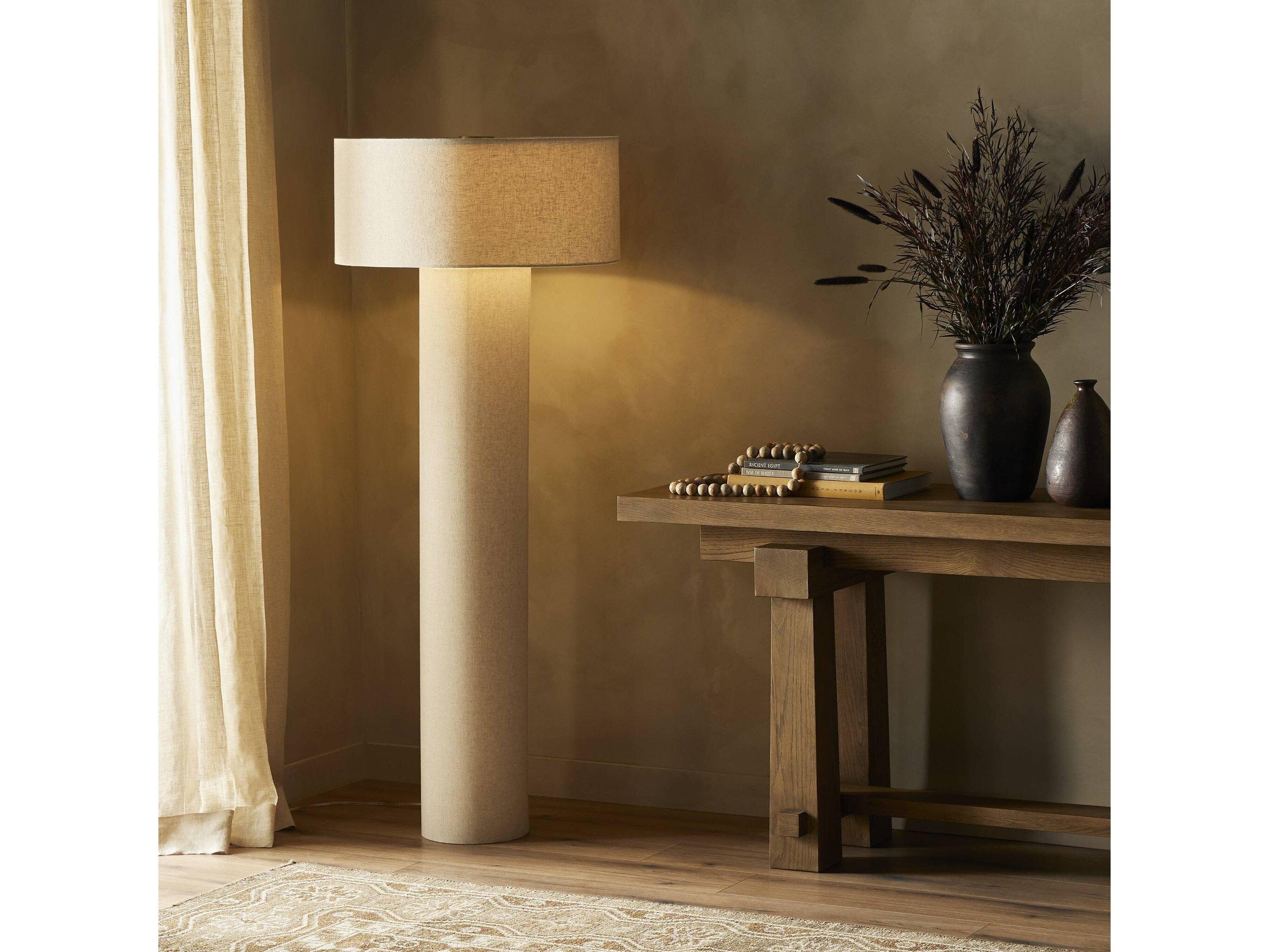 Four Hands Asher Flax Linen Antique Brass Iron White Floor Lamp