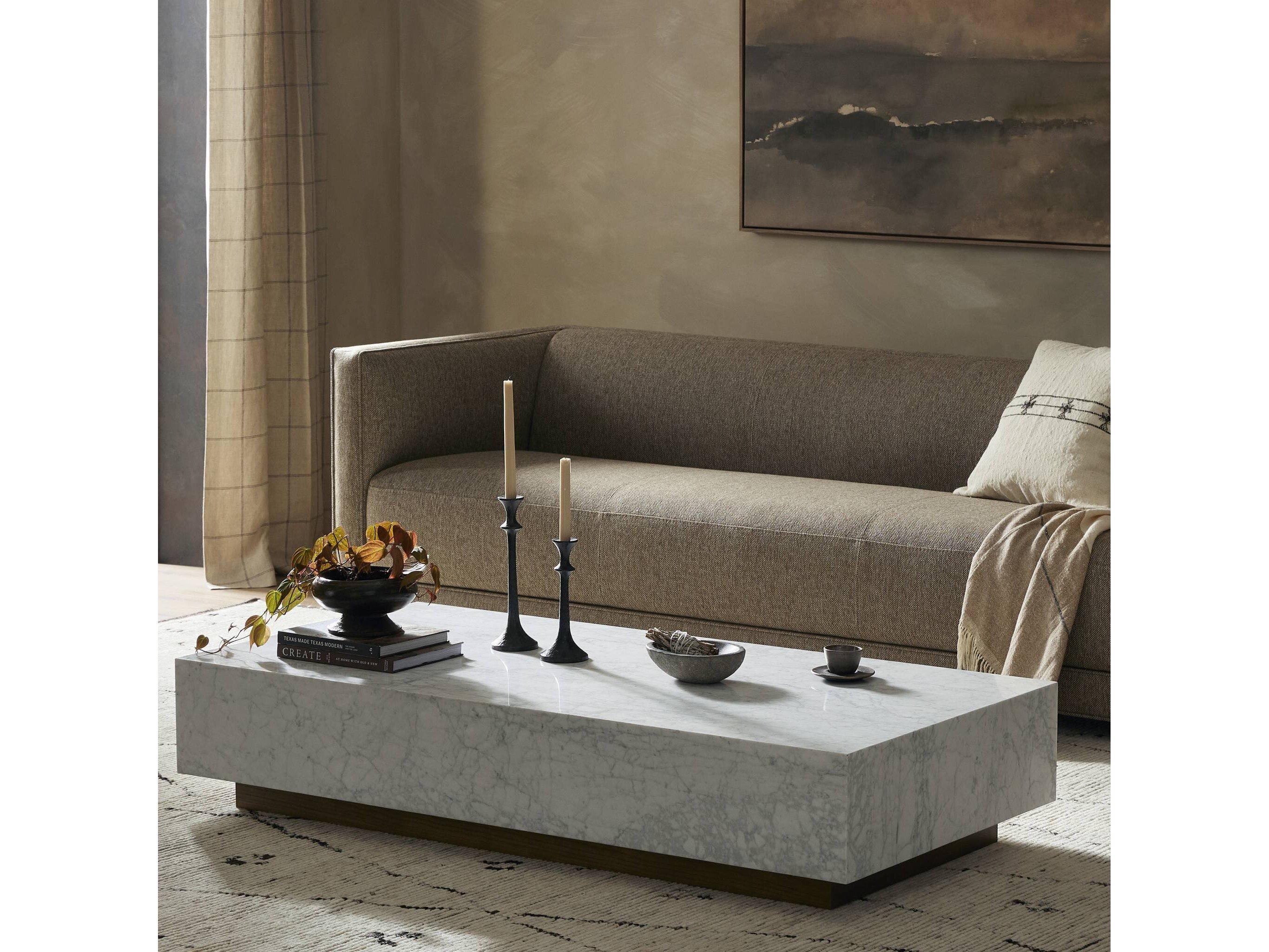 Four Hands Hughes Masera White Carrara Marble Rectangular Marble Coffee Table