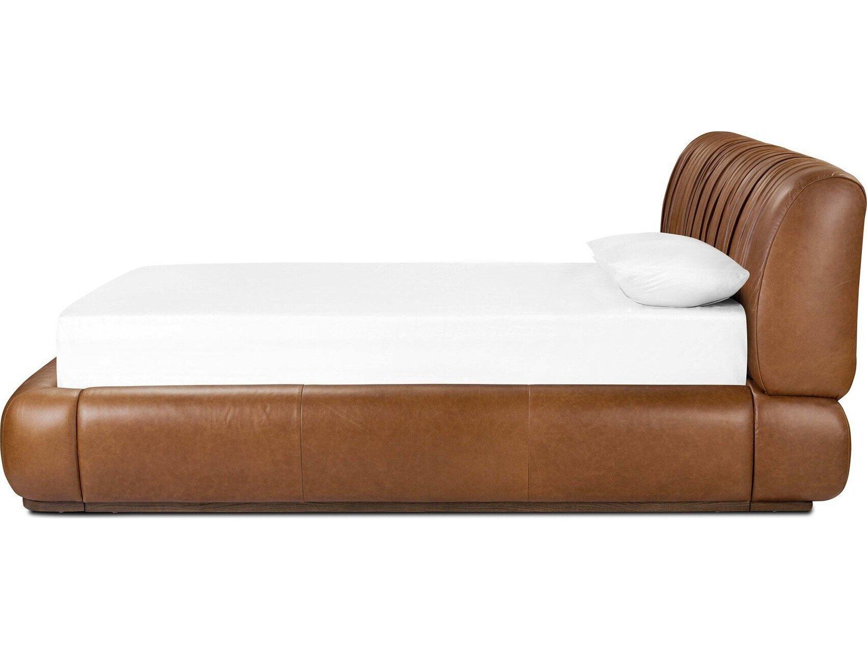 Four Hands Easton Brown Oak Wood Leather Queen Platform Bed