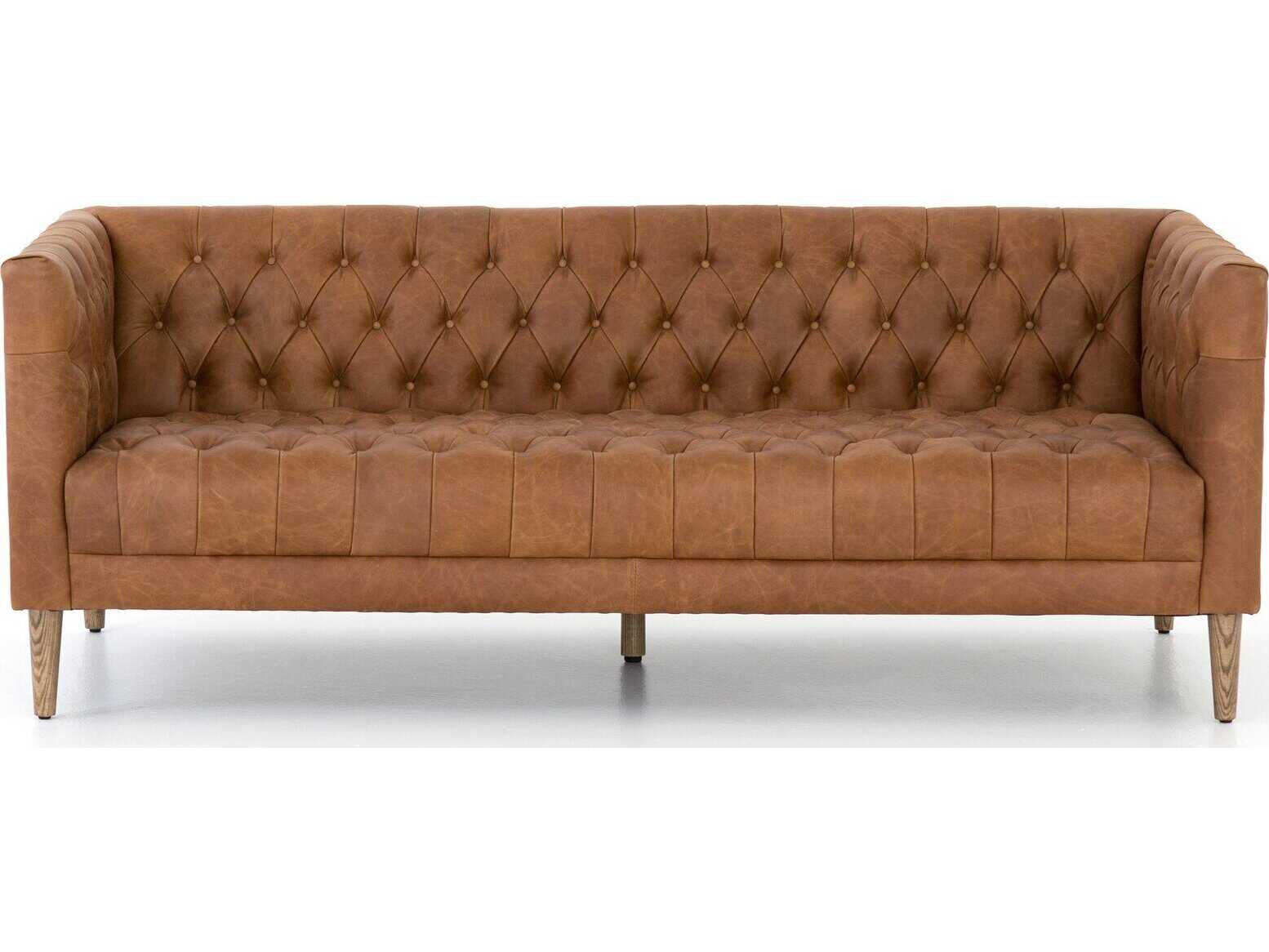 Four Hands Carnegie Williams Natural Washed Camel Weathered Oak Brown Leather Sofa