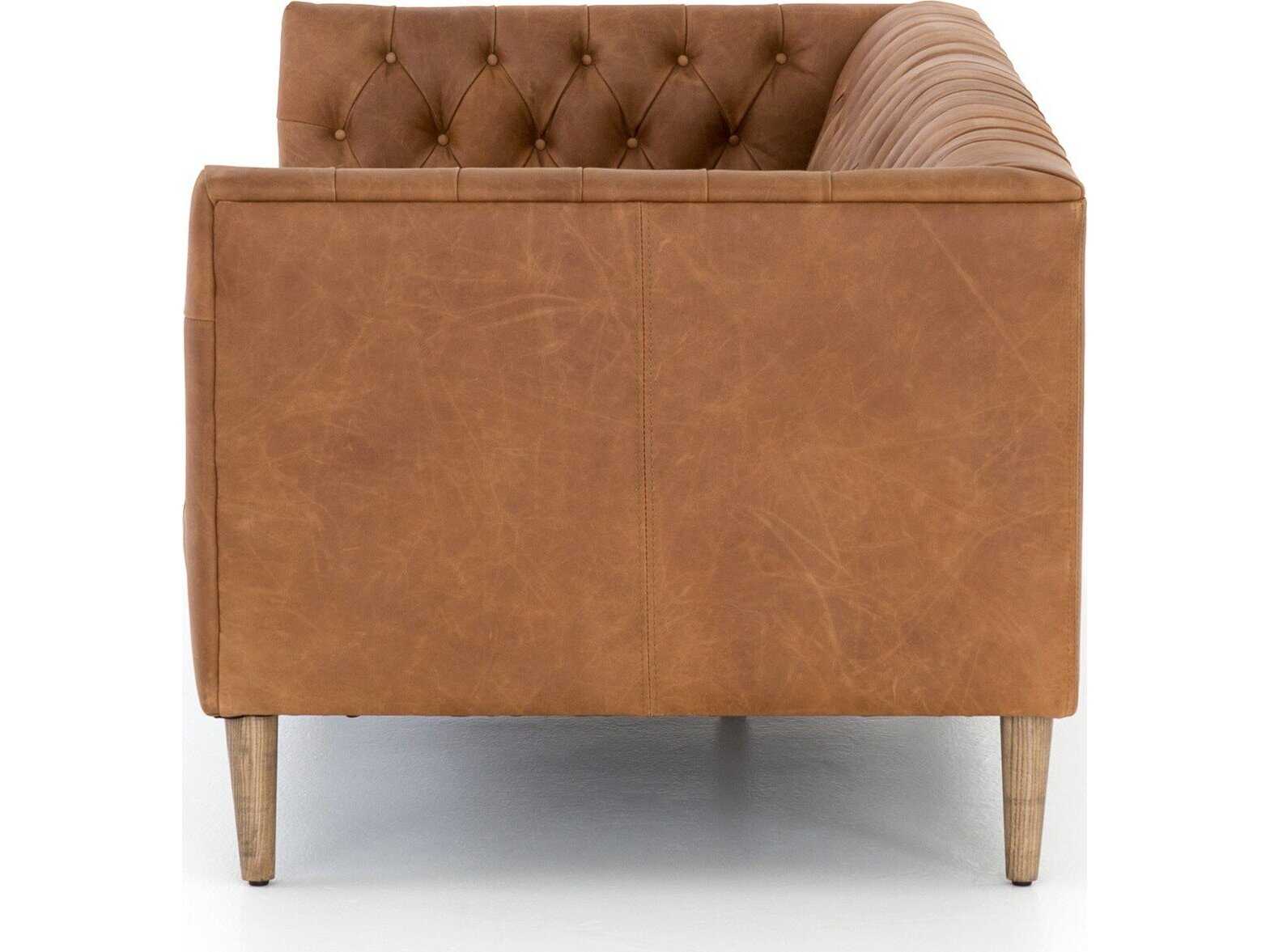 Four Hands Carnegie Williams Natural Washed Camel Weathered Oak Brown Leather Sofa