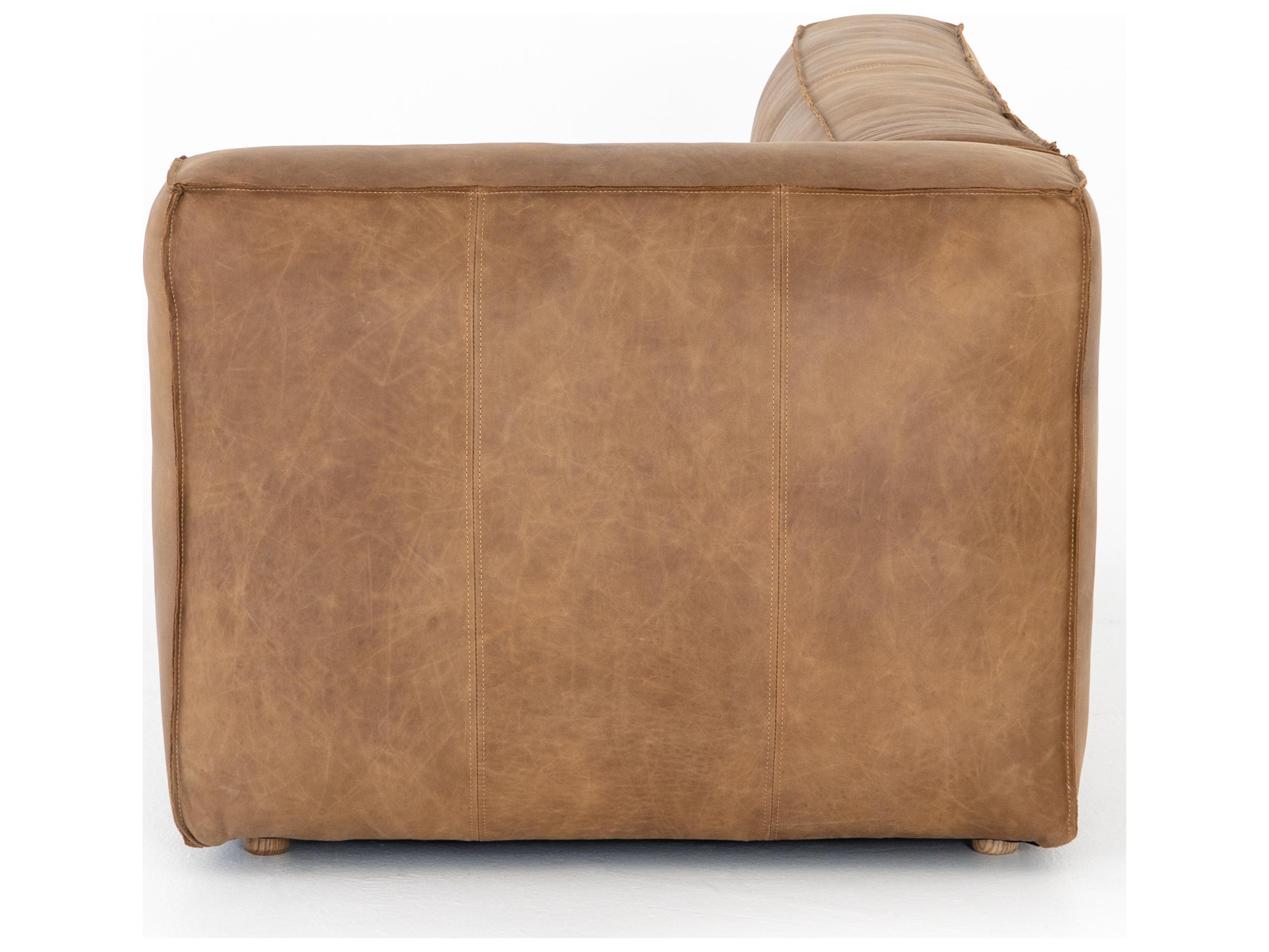 Four Hands Carnegie Nolita RAF Natural Washed Sand Weathered Ash Brown Leather Sofa