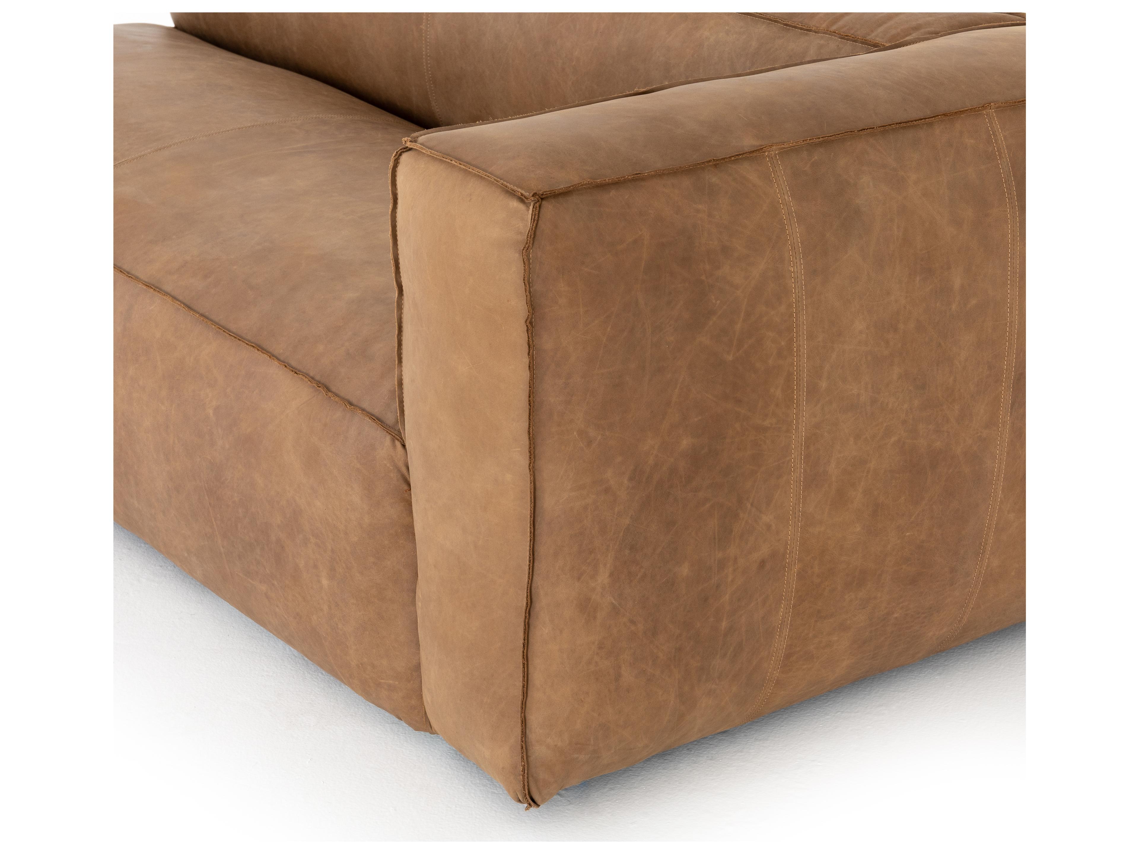 Four Hands Carnegie Nolita LAF Natural Washed Sand Weathered Ash Brown Leather Sofa