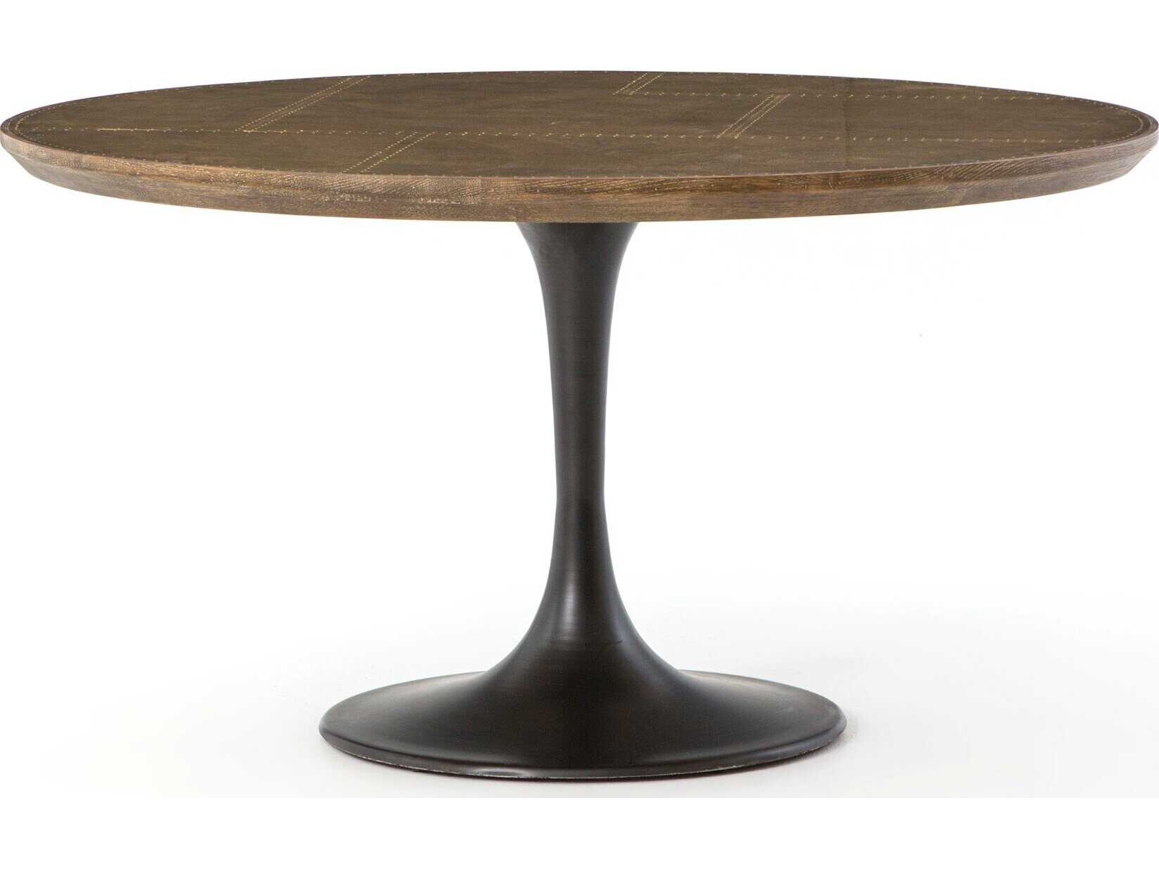 Four Hands Hughes Powell Round Metal Dark Rustic Black Light Burnt Oak Bright Brass Clad Dining Table