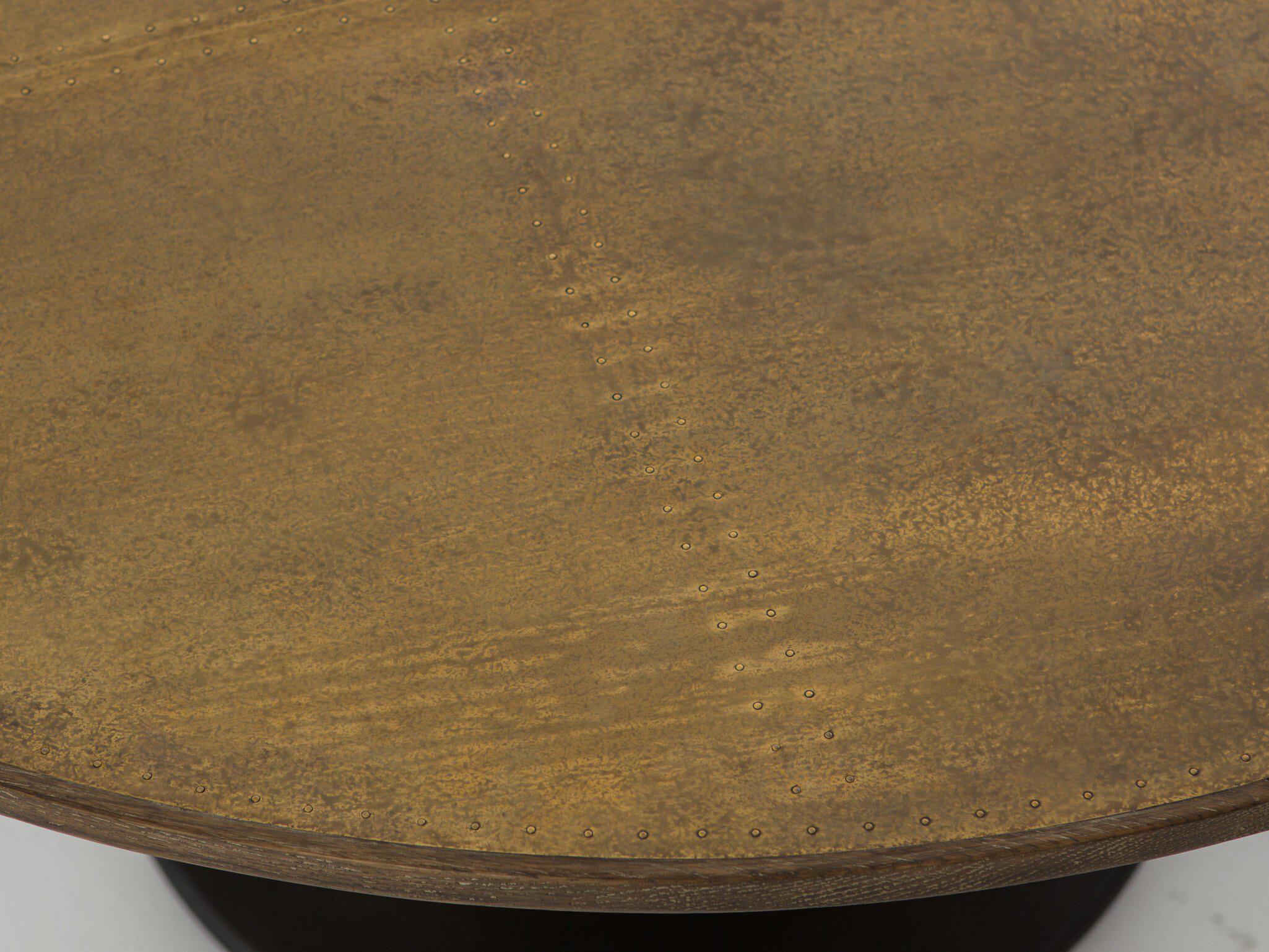Four Hands Hughes Powell Round Metal Dark Rustic Black Light Burnt Oak Bright Brass Clad Dining Table