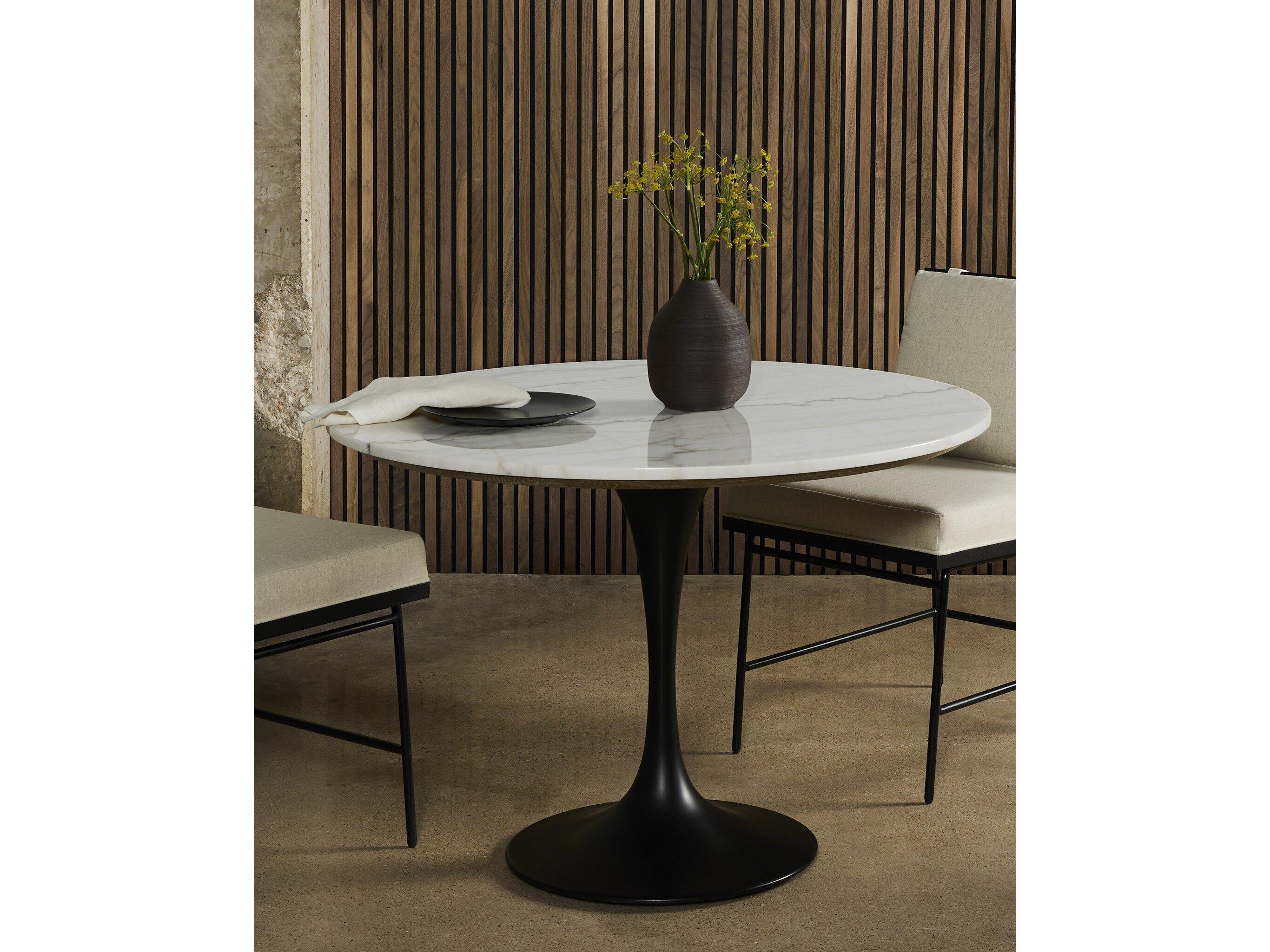 Four Hands Hughes Powell Round Dark Rustic Black Weathered Ash White Marble Dining Table
