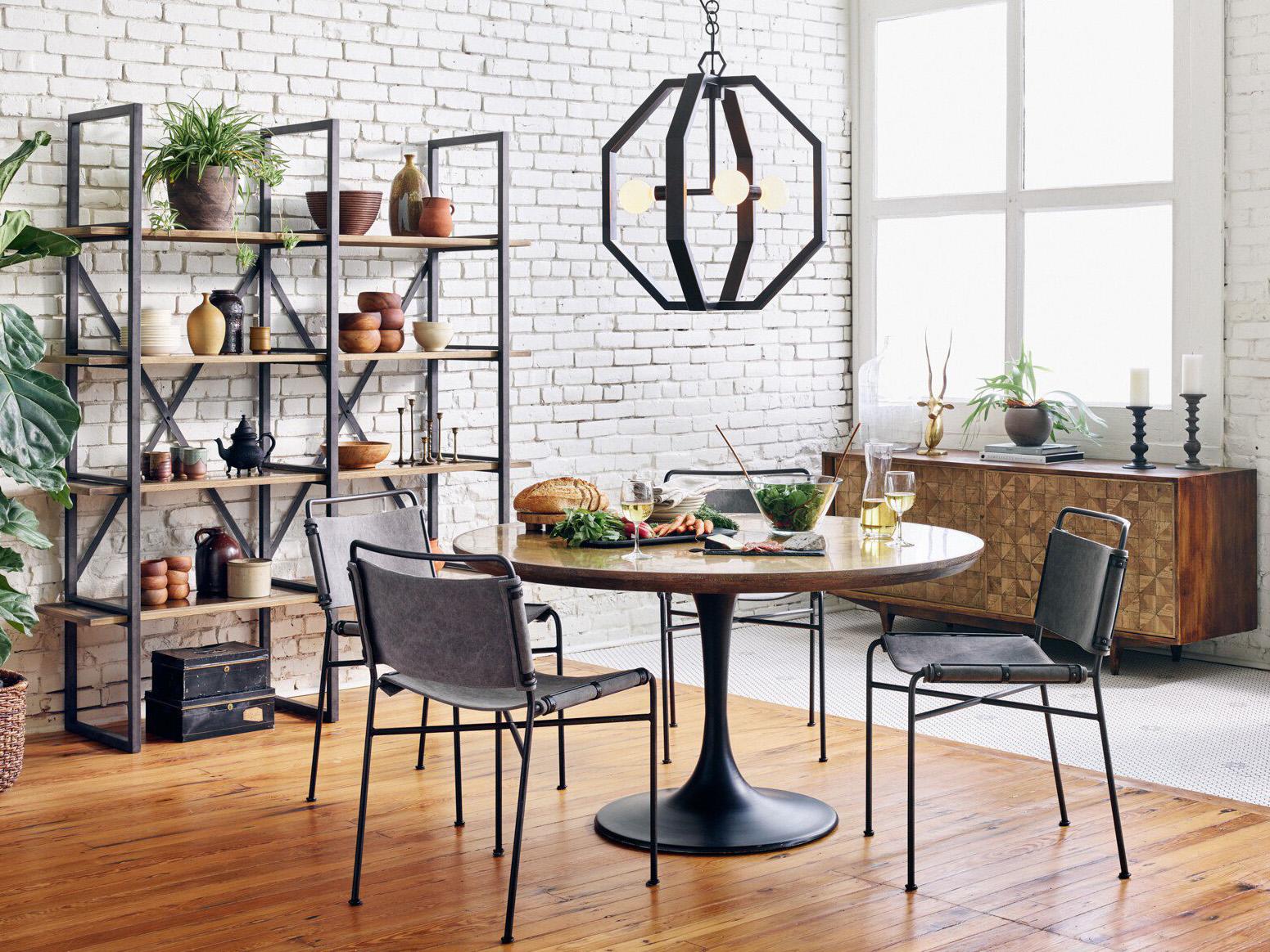 Four Hands Hughes Powell Round Metal Dark Rustic Black Light Burnt Oak Bright Brass Clad Dining Table