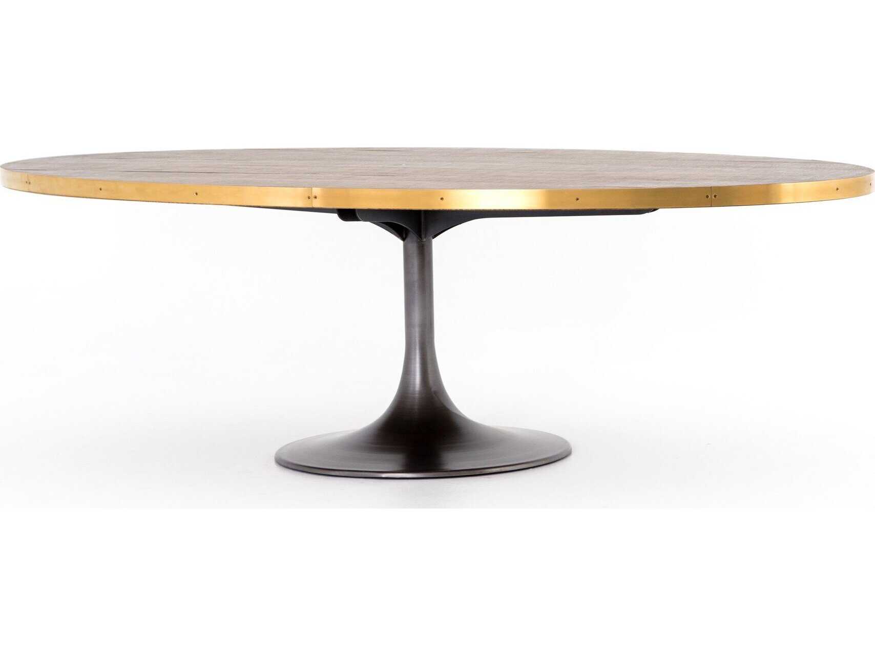 Four Hands Hughes Evans Oval Wood Vessel Grey Polished Brass Light Burnt Oak Dining Table