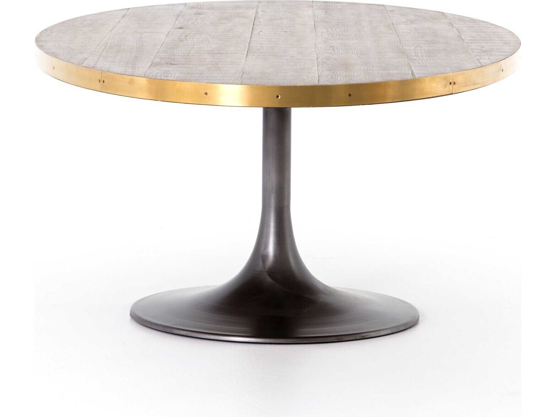 Four Hands Hughes Evans Oval Wood Vessel Grey Polished Brass Light Burnt Oak Dining Table