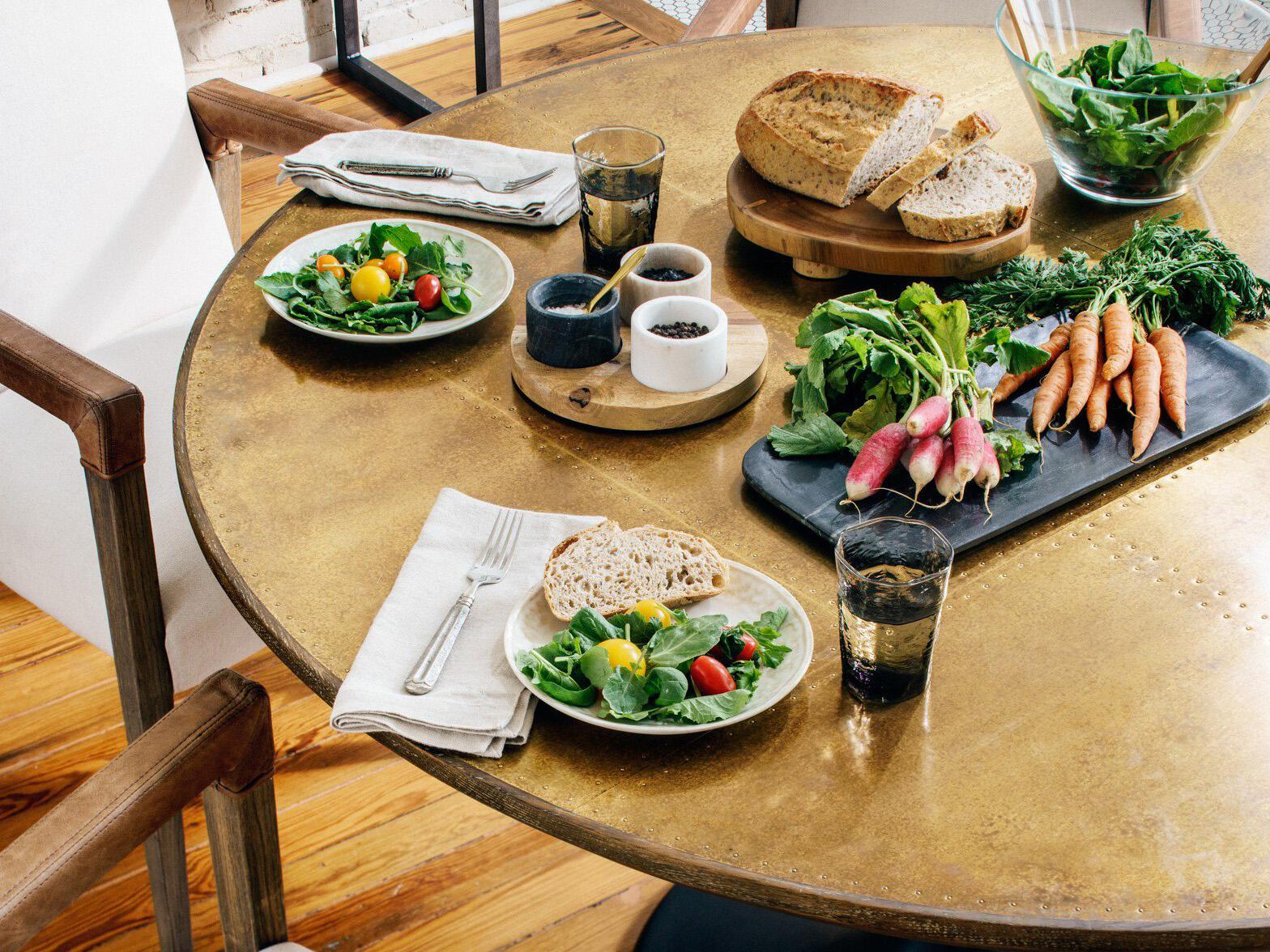 Four Hands Hughes Powell Round Metal Dark Rustic Black Light Burnt Oak Bright Brass Clad Dining Table