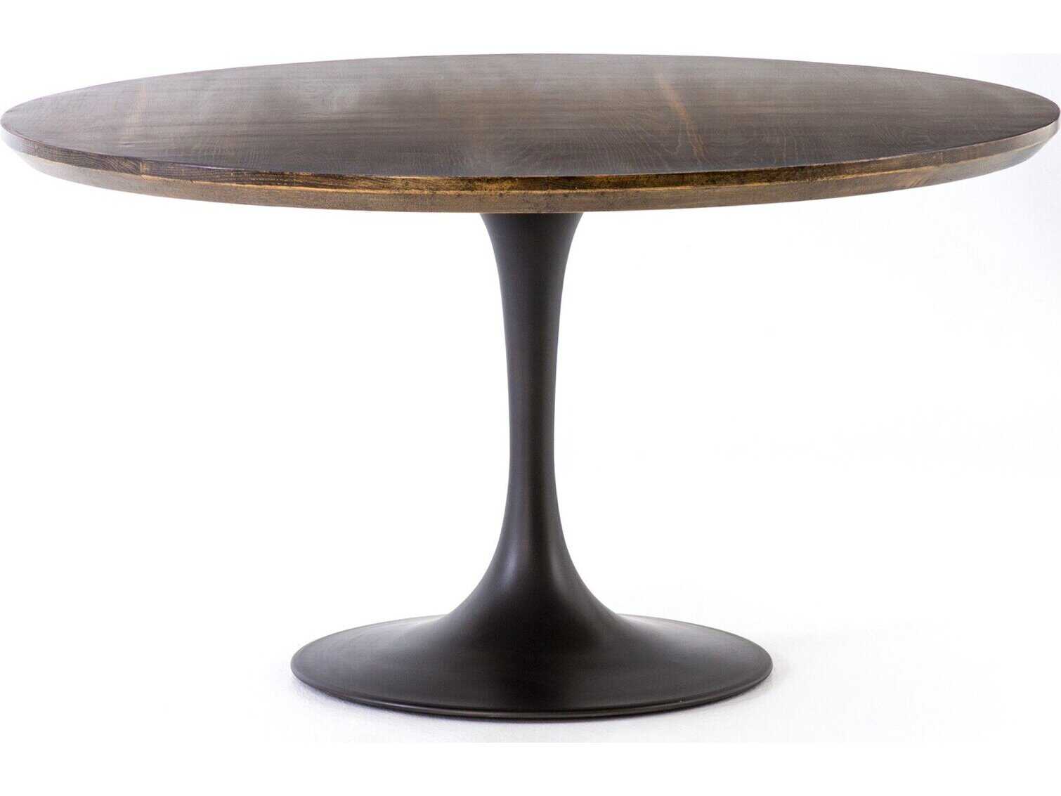 Four Hands Hughes Powell Round Wood Dark Rustic Black English Brown Oak Veneer Dining Table