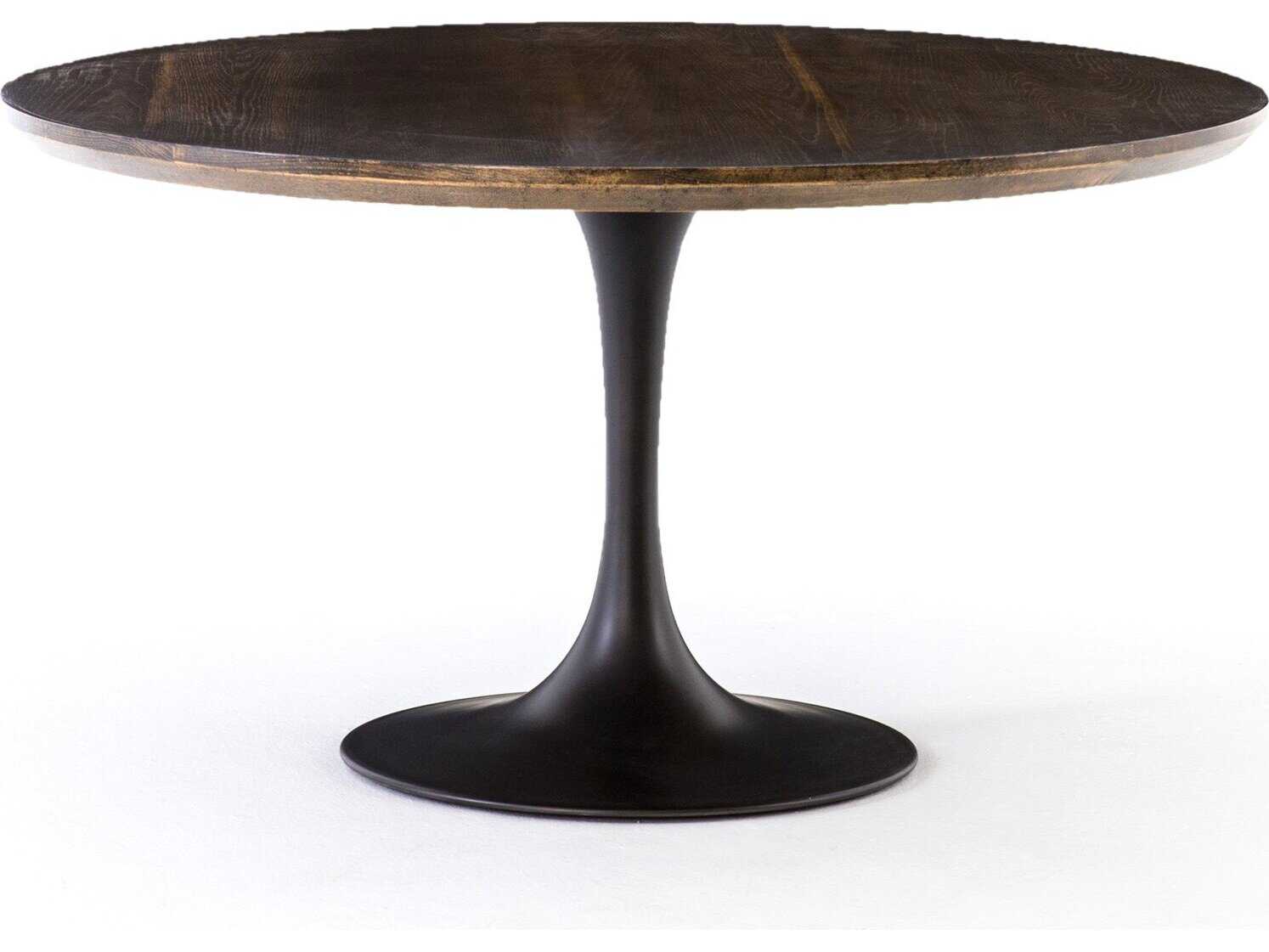Four Hands Hughes Powell Round Wood Dark Rustic Black English Brown Oak Veneer Dining Table