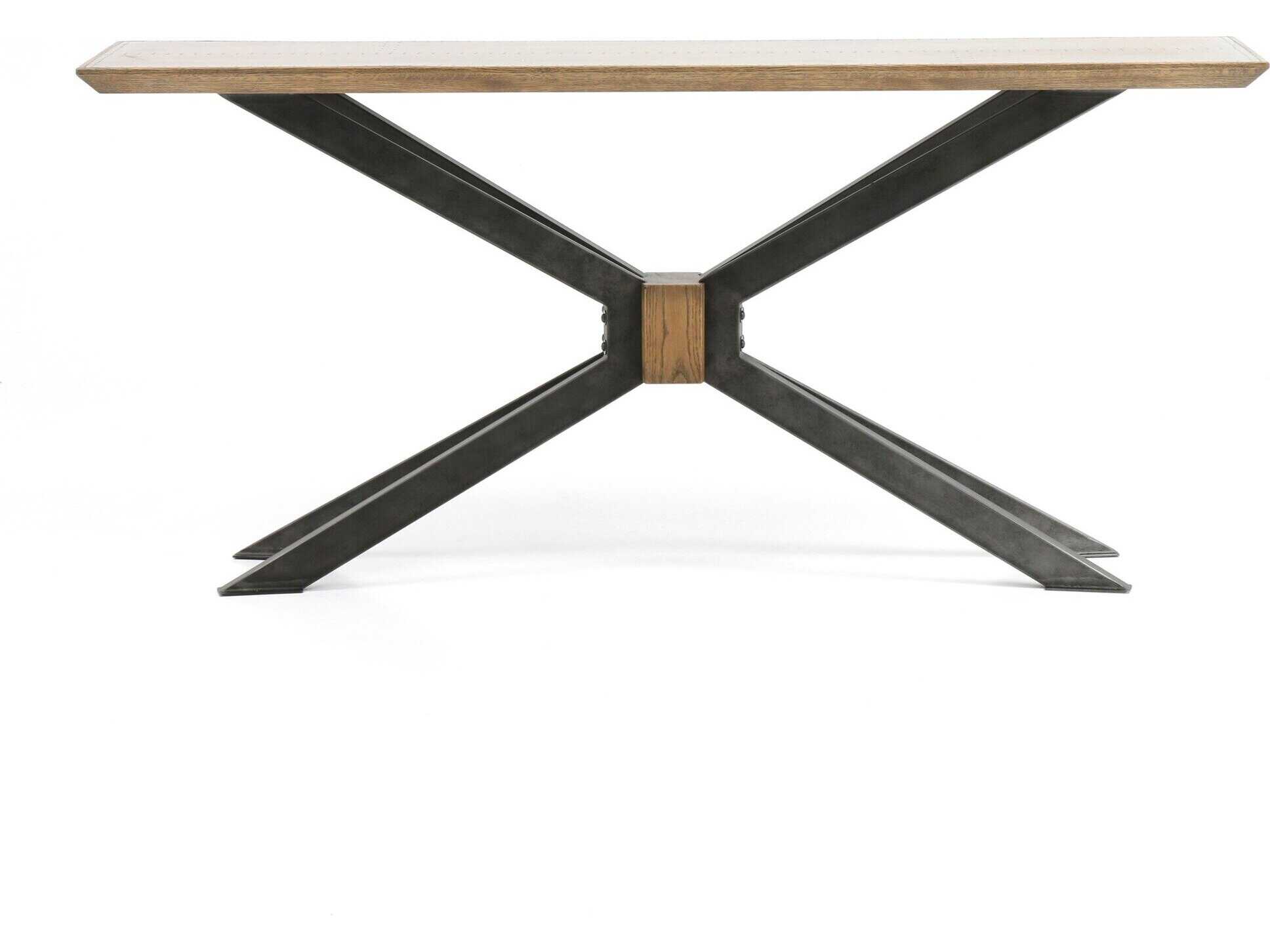 Four Hands Hughes Spider Rectangular Wood Light Rustic Black Bright Brass Clad Sandy Oak Console Table