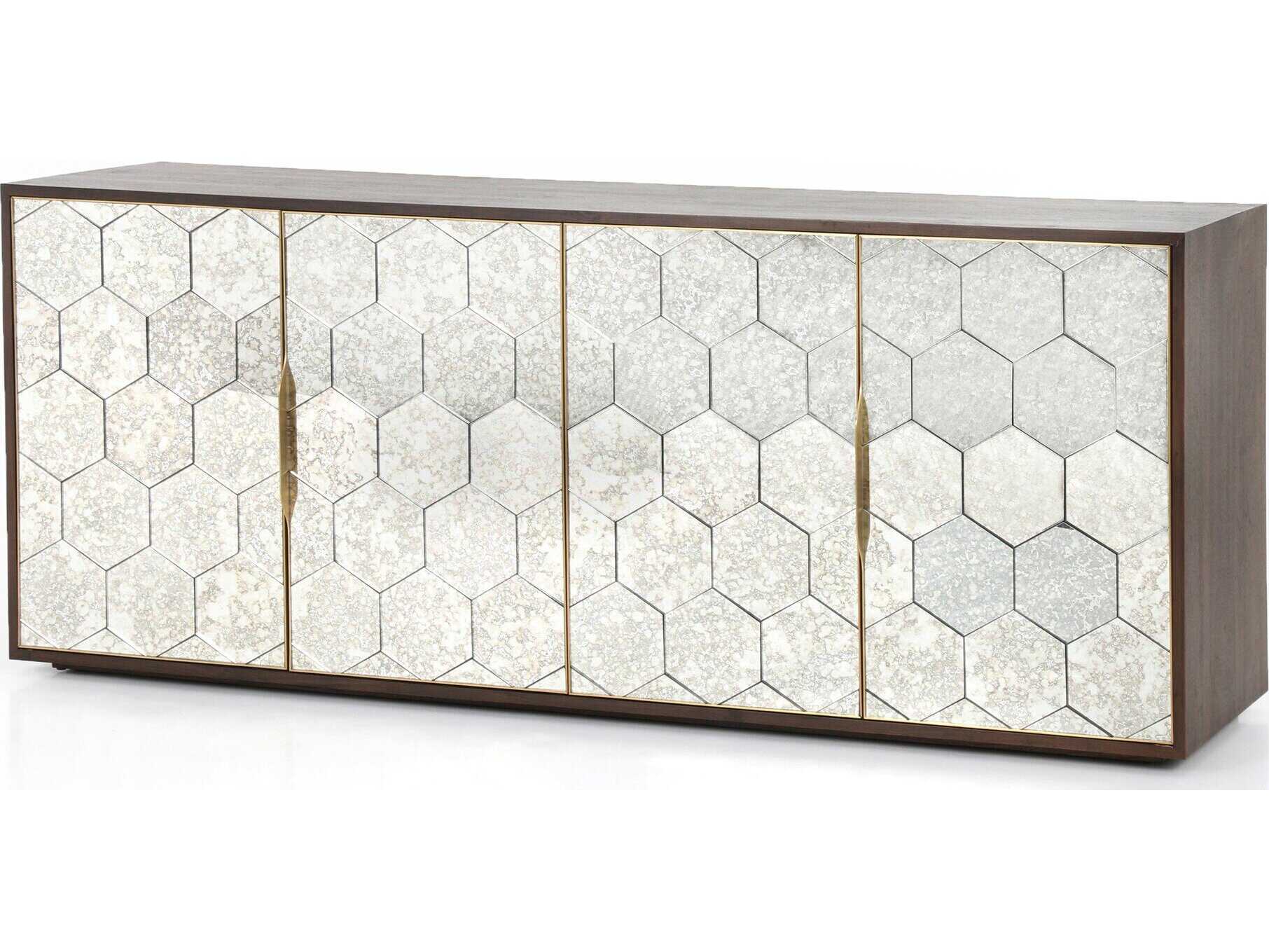 Four Hands Hughes Cybil 78" Walnut Wood Dark Antique Mirror Polished Brass Sideboard