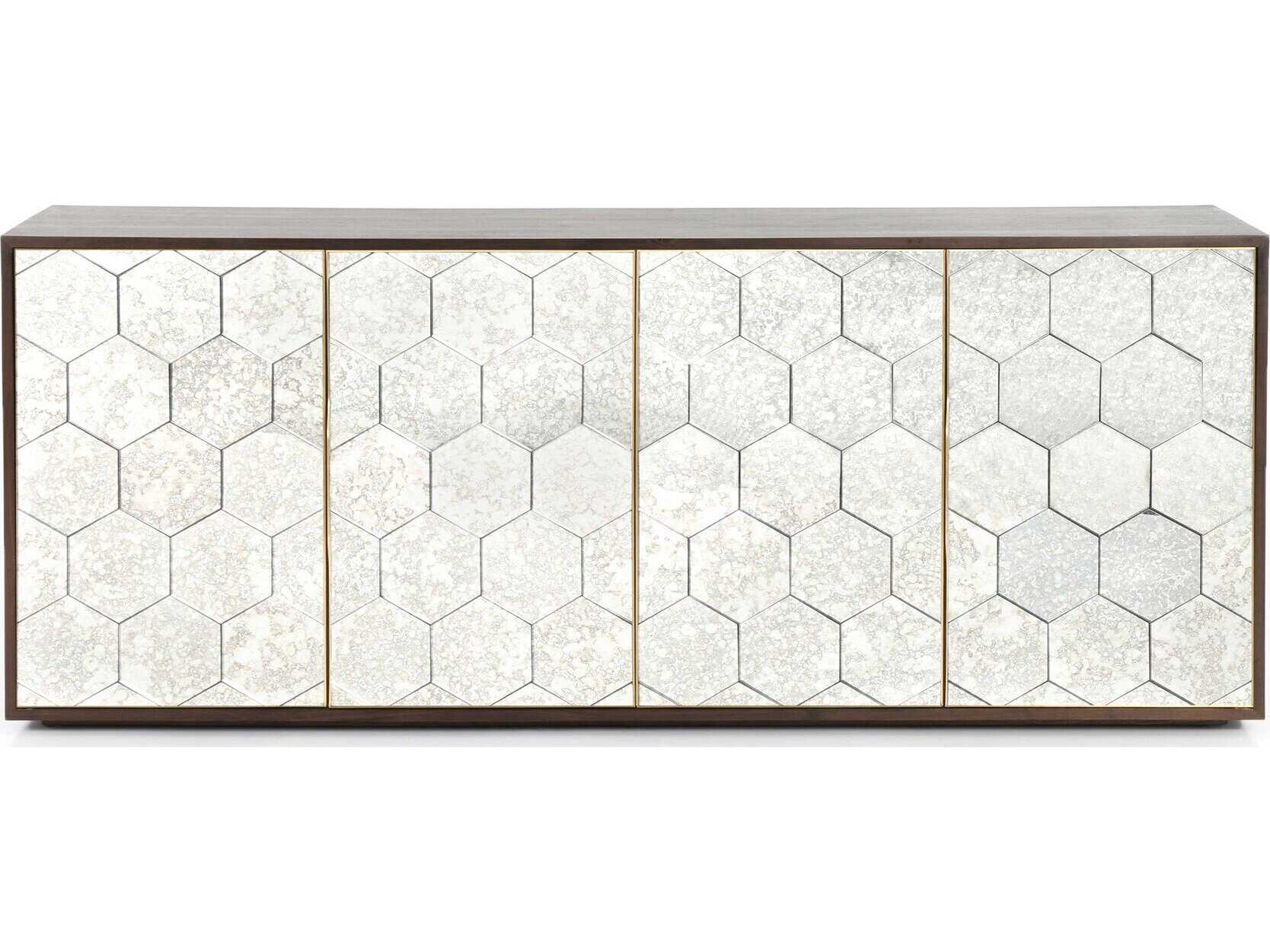 Four Hands Hughes Cybil 78" Walnut Wood Dark Antique Mirror Polished Brass Sideboard