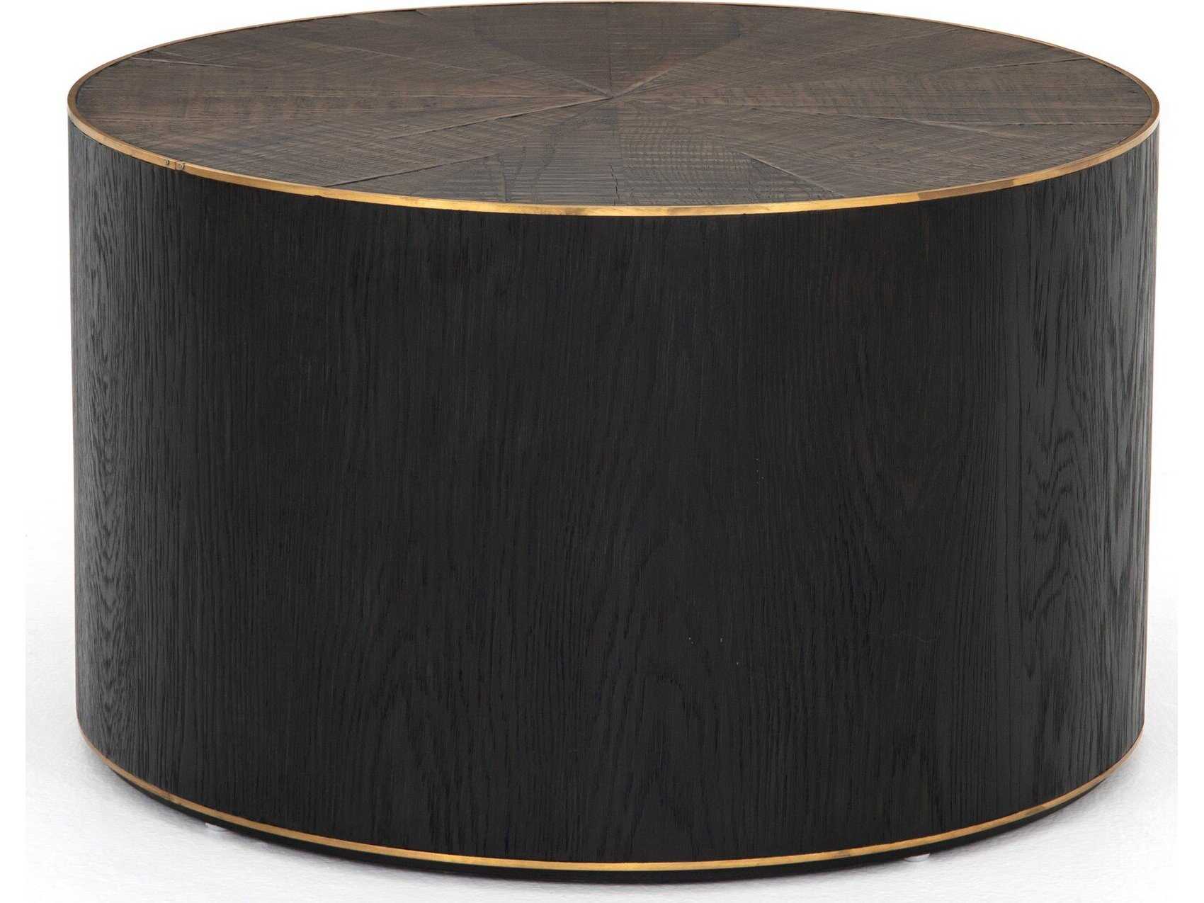 Four Hands Hughes Perry Round Wood Bright Brass Clad Ebony Light Coffee Table