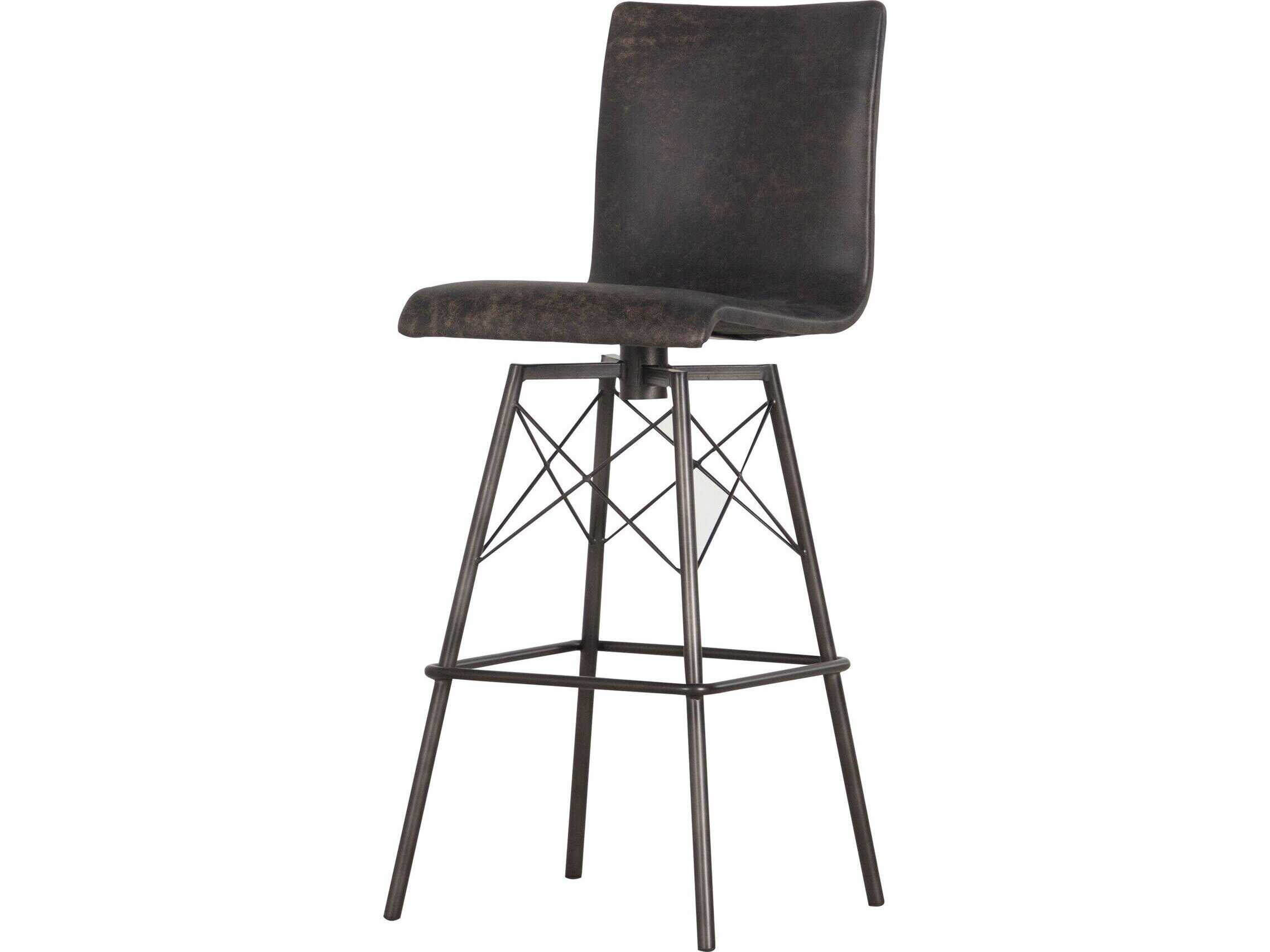 Four Hands Irondale Diaw Leather Swivel Upholstered Rialto Ebony Waxed Black Bar Stool