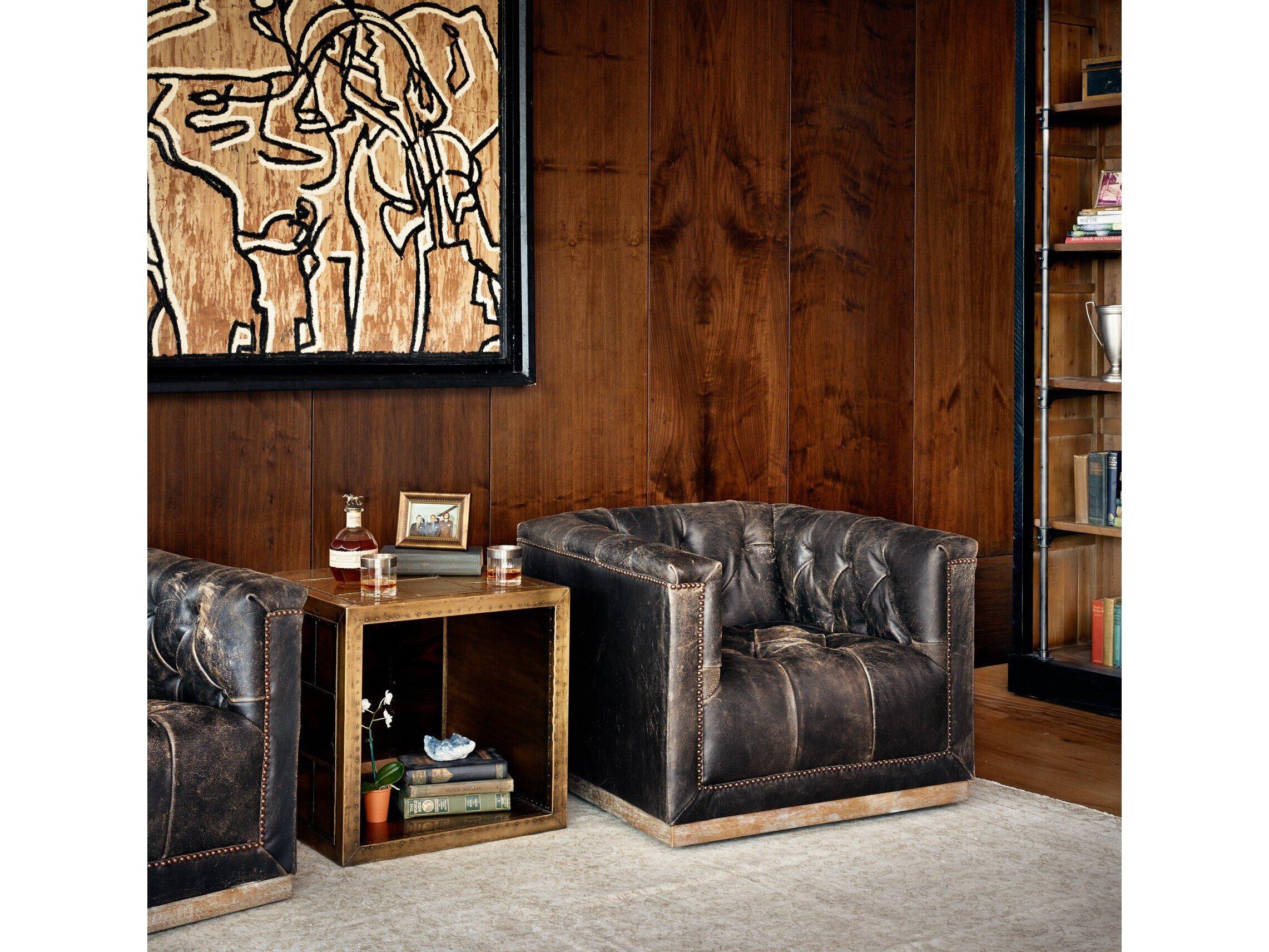 Four Hands Kensington Maxx Swivel Black Leather Club Chair