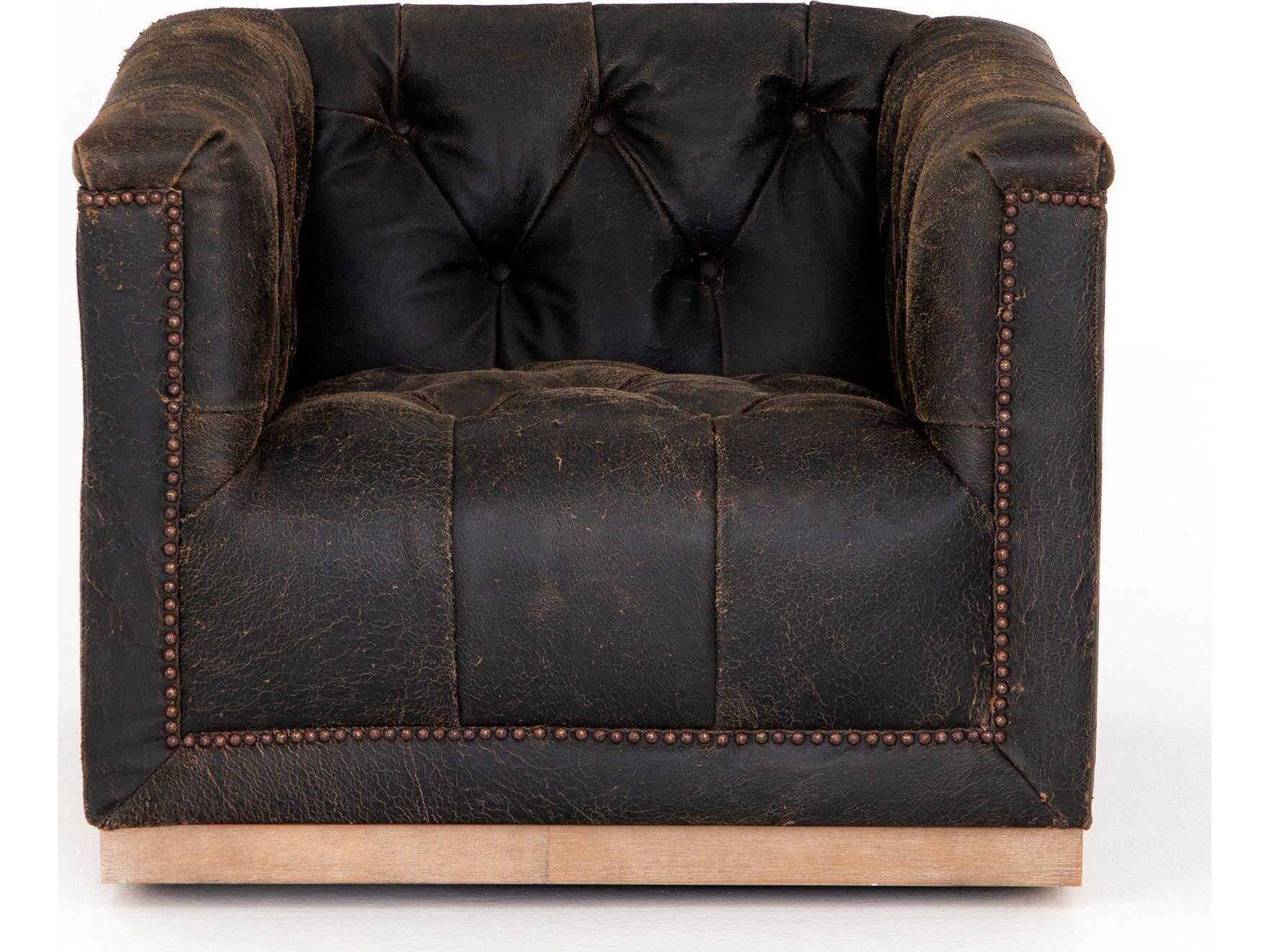 Four Hands Kensington Maxx Swivel Black Leather Club Chair