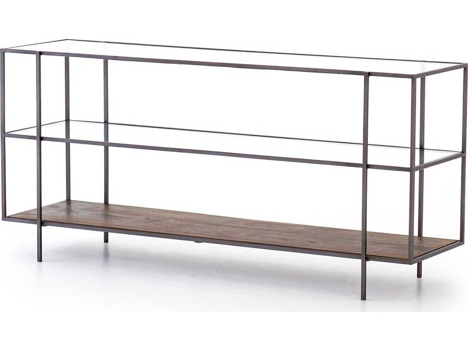 Four Hands Harmon Byron Rectangular Aged Brown Dark Iron Tempered Glass Console Table