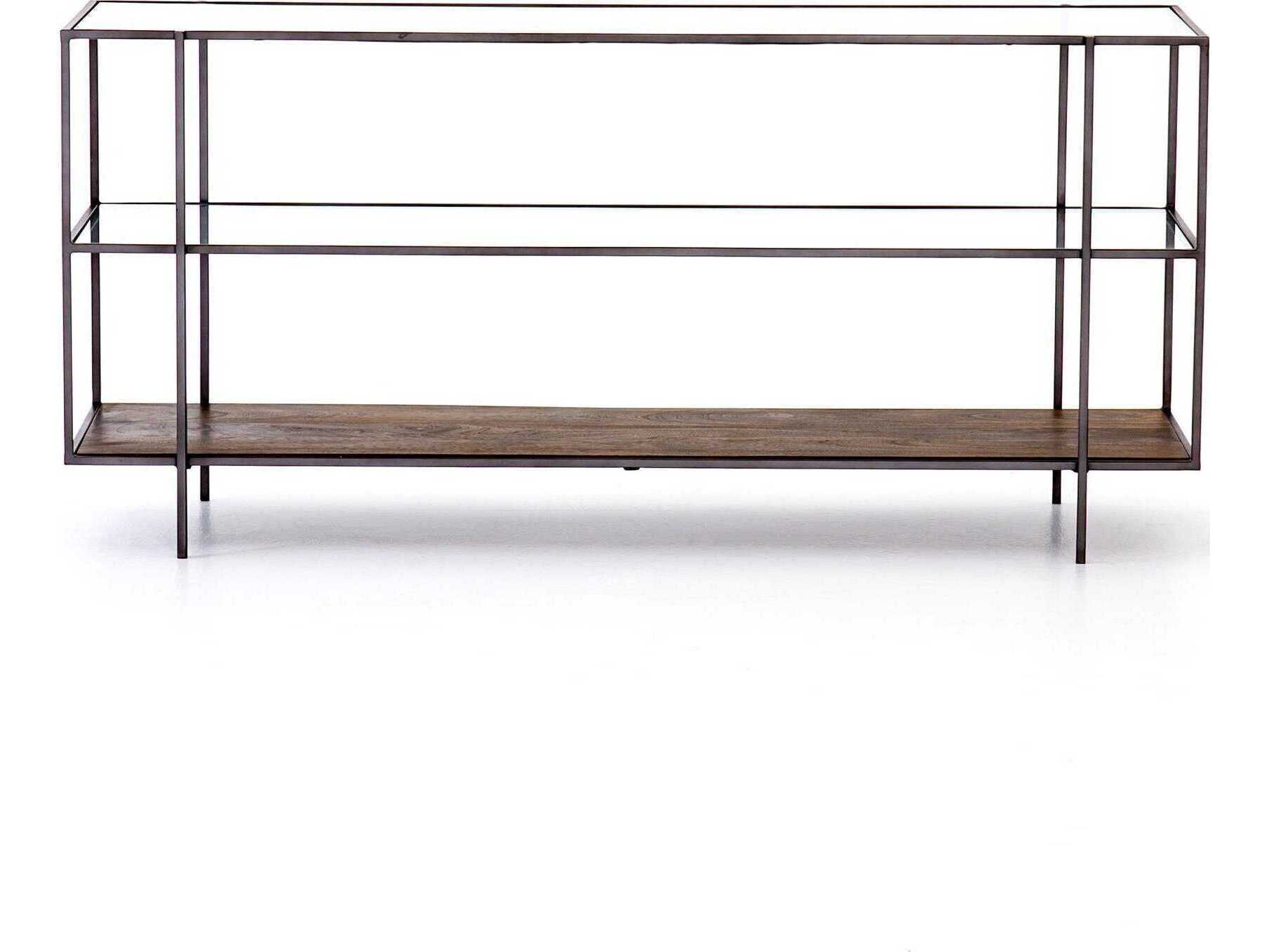 Four Hands Harmon Byron Rectangular Aged Brown Dark Iron Tempered Glass Console Table