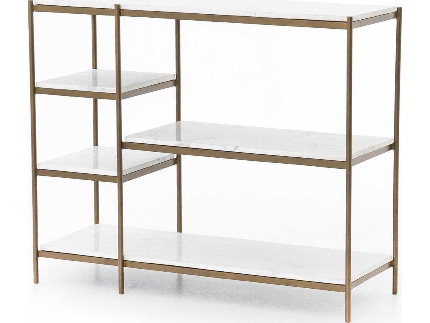 Four Hands Marlow Lily Rectangular Antique Brass Polished White Marble Console Table