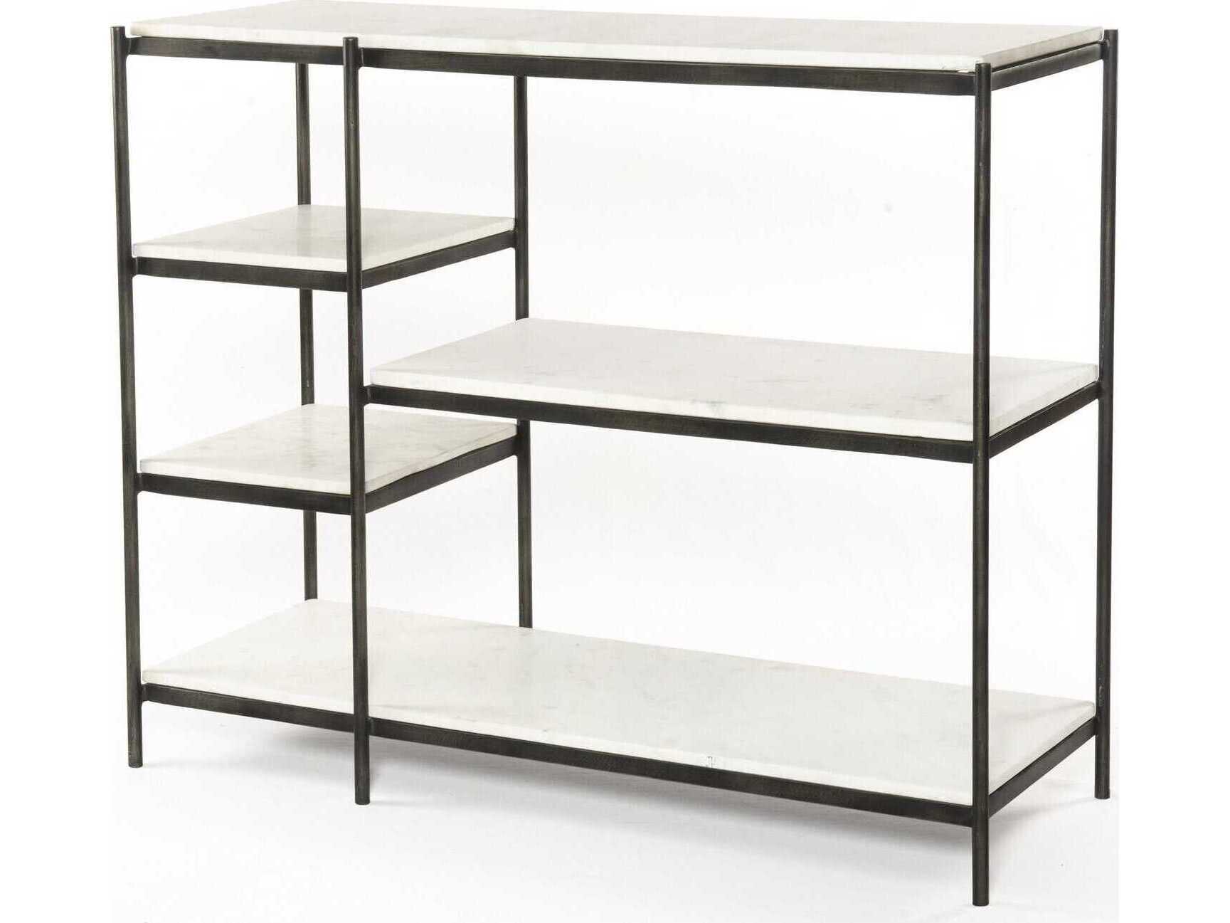 Four Hands Marlow Lily Rectangular Hammered Grey clear Powder Coat Polished White Marble Console Table