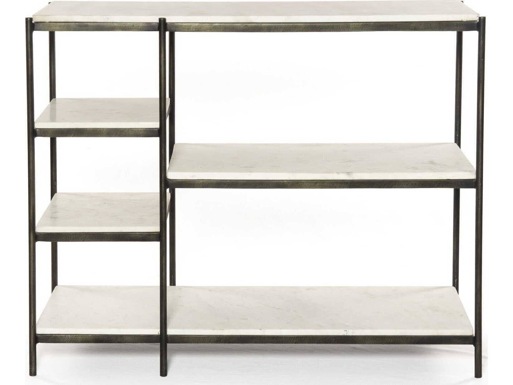 Four Hands Marlow Lily Rectangular Hammered Grey clear Powder Coat Polished White Marble Console Table